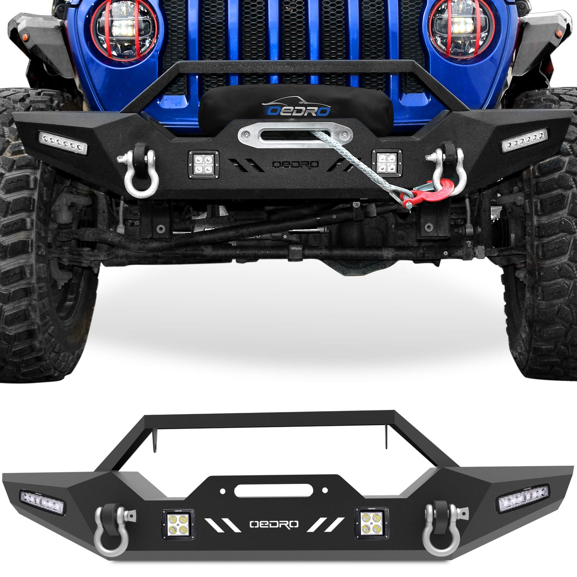 OEDRO Heavy Duty Front Bumper for 2018-2023 Jeep Wrangler JL & Unlimited | 2020-2023 Jeep Gladiator | Rock Crawler Winch-Ready Bumper with LED Light Pods & D-Rings | Off-Road Adventure & Trail Riding Upgrade