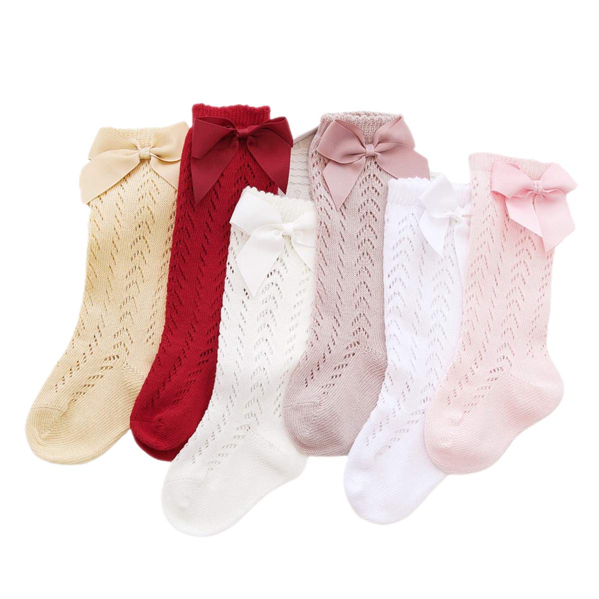 FYBITBO 6 Pack Baby Girl Knee High Socks - Cotton Ruffled Long Stockings with Bows for Newborn & Toddler | Perfect for Dress Up, Photo Shoots & Everyday Outfits