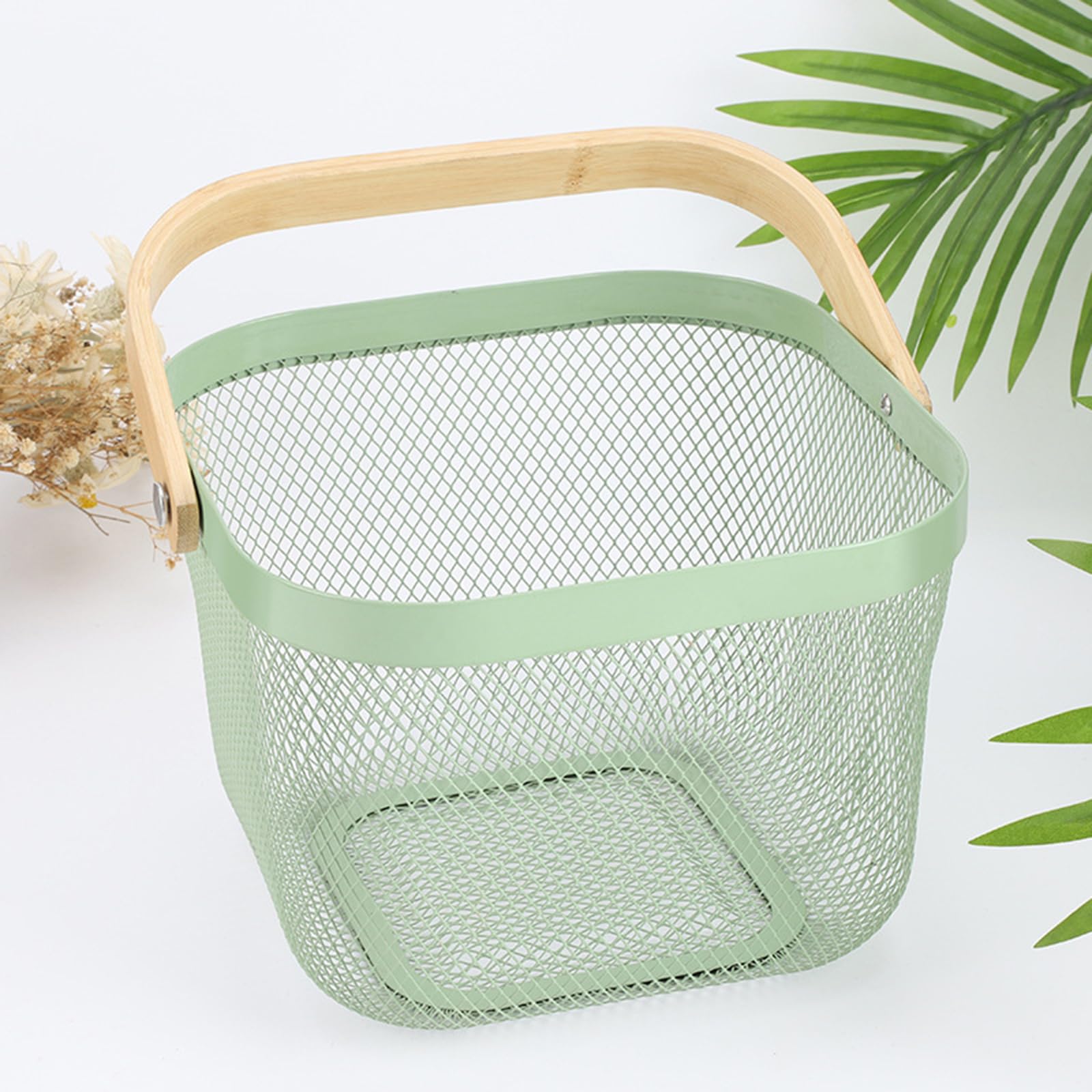 Stainless Steel Mesh Storage Basket with Bamboo Handle - 9.84 x 10.2 x 7 Inch Mint Green Organizer for Kitchen, Bathroom, Office & Laundry - Perfect for Fruits, Vegetables, Toys & Household Items