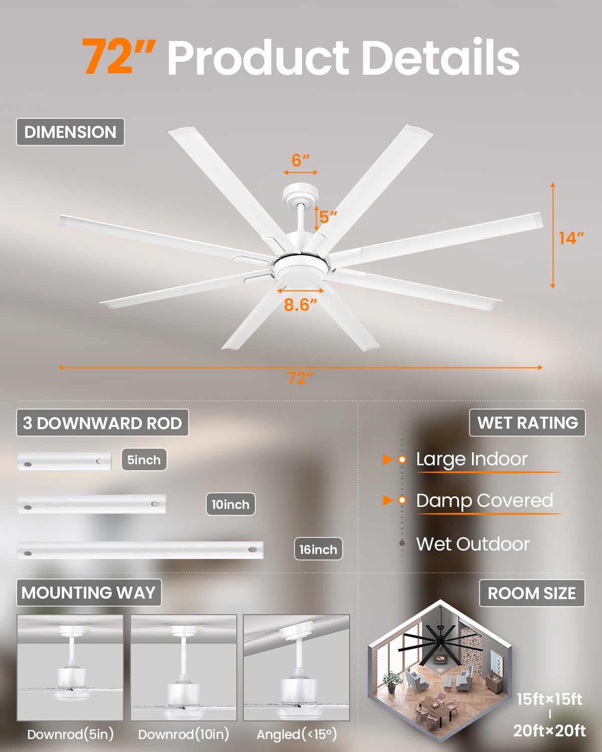 72 Inch Large Industrial Ceiling Fan with Light & Remote - 8 Aluminum Blades, Energy Efficient DC Motor, Reversible Airflow - Perfect for Living Room, Patio, Garage, Warehouse & Commercial Spaces - White - Ideal for Cooling Large Areas, Improving Air Circulation & Enhancing Home/Office Decor