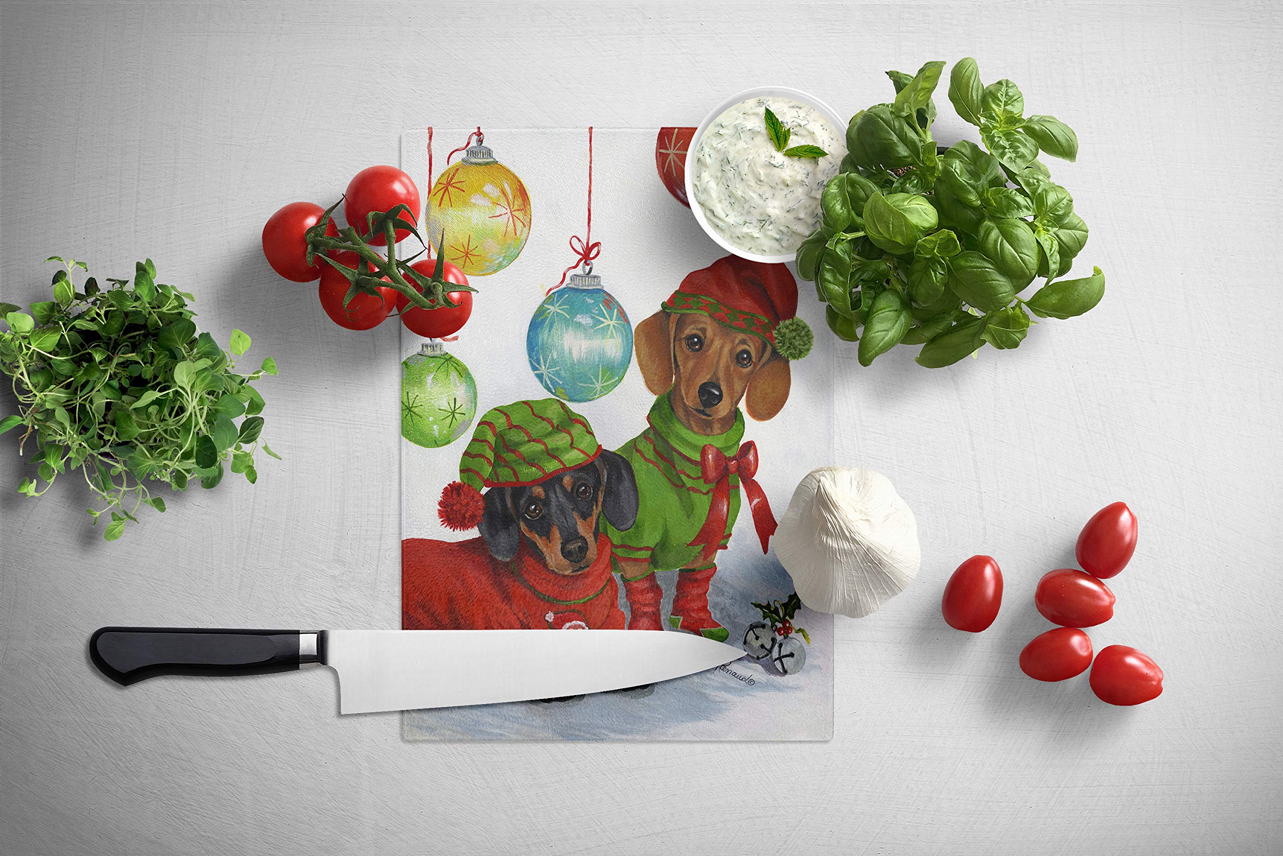 Dachshund Christmas Jingle Tempered Glass Cutting Board - Large Decorative Kitchen Chopping & Serving Board for Holiday Entertaining | Caroline's Treasures PPP3085LCB | Perfect for Christmas Parties, Gift Giving & Festive Food Prep