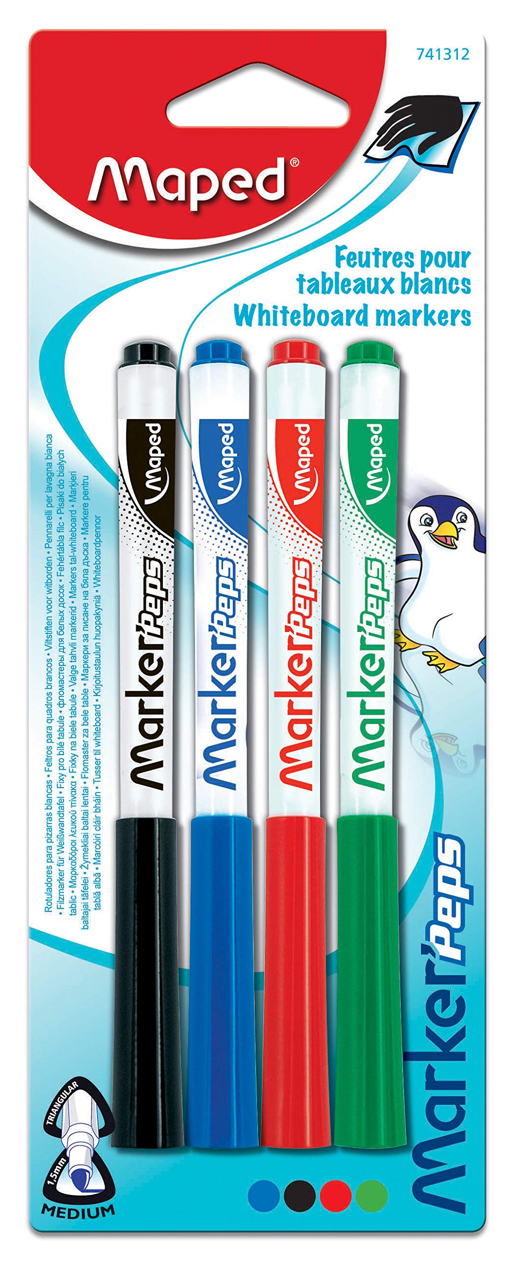 Maped Peps Dry Erase Markers 4-Pack - Black, Blue, Red, Green (741312) - Perfect for Whiteboards, Office Meetings & Classroom Teaching