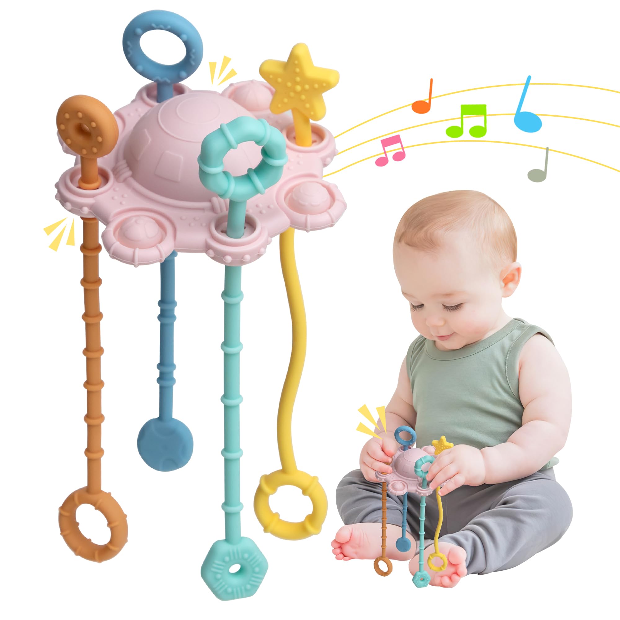 Montessori Baby Pull String Toy - 100% Food Grade Silicone with Built-in Rattle, Easy to Clean Teething Toy for Infants (Pink) - Perfect for Early Learning, Sensory Play & Soothing Teething Pain