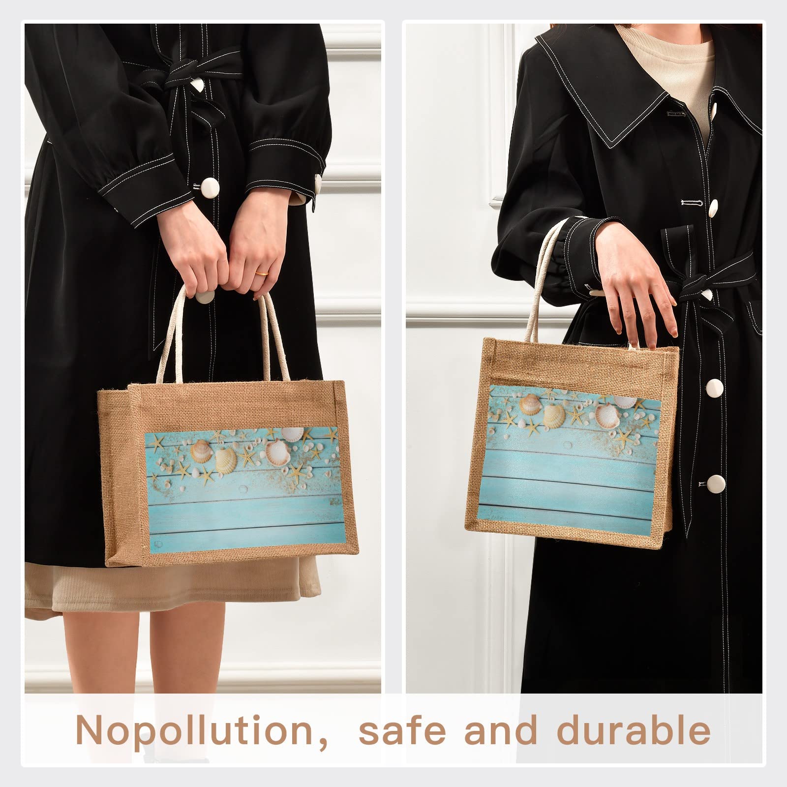 Eco-Friendly CaTaKu Sea Wooden Jute Tote Bag with Zipper & Handles - Reusable Grocery Shopping Bag with Front Canvas Pocket - 10