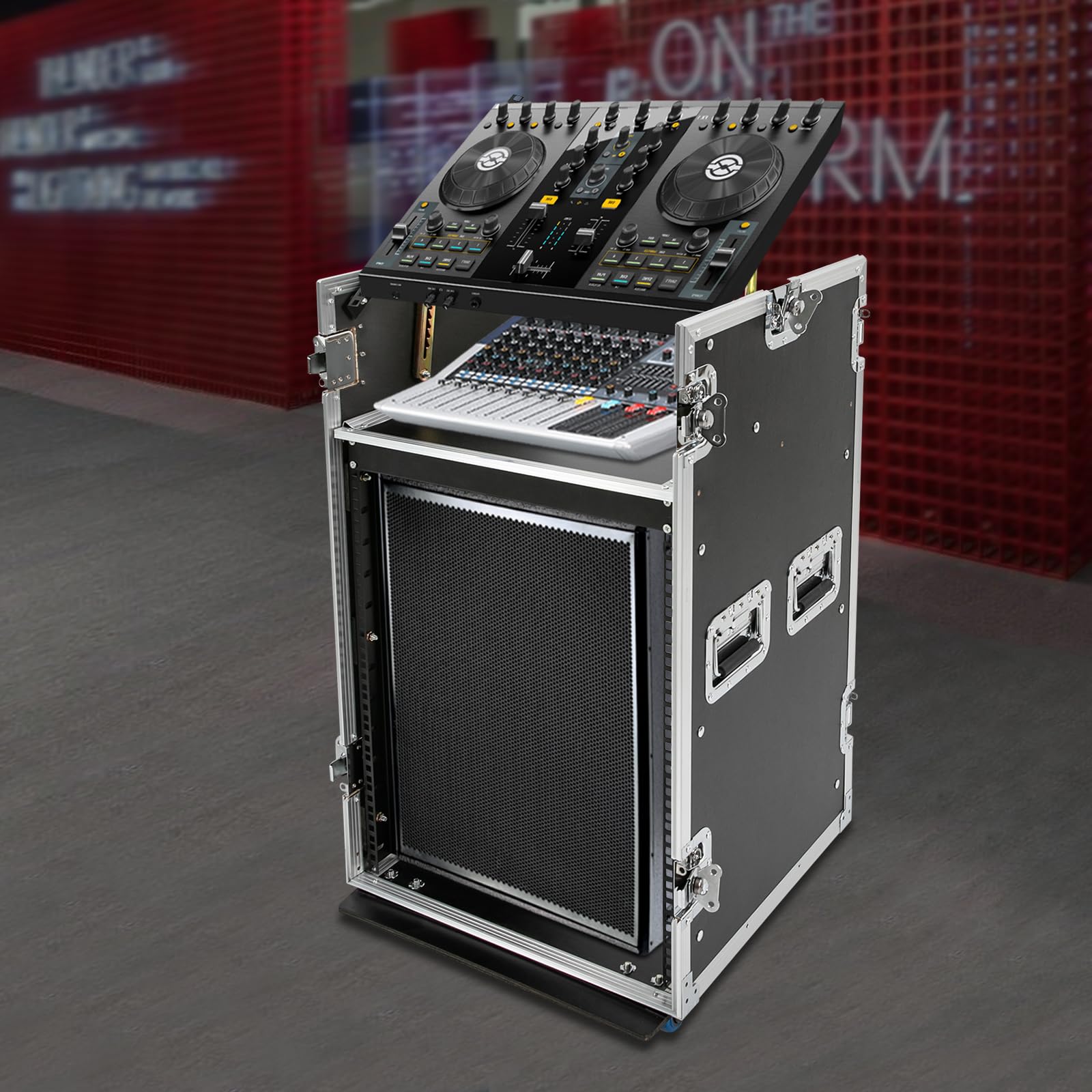 14U Heavy-Duty PA DJ Rack Cabinet - Professional Tour-Grade ATA Case with 4 Wheels, Large Mixer Countertop & Easy Assembly - Perfect for Live Performances, Studio Setup & Mobile DJ Gigs