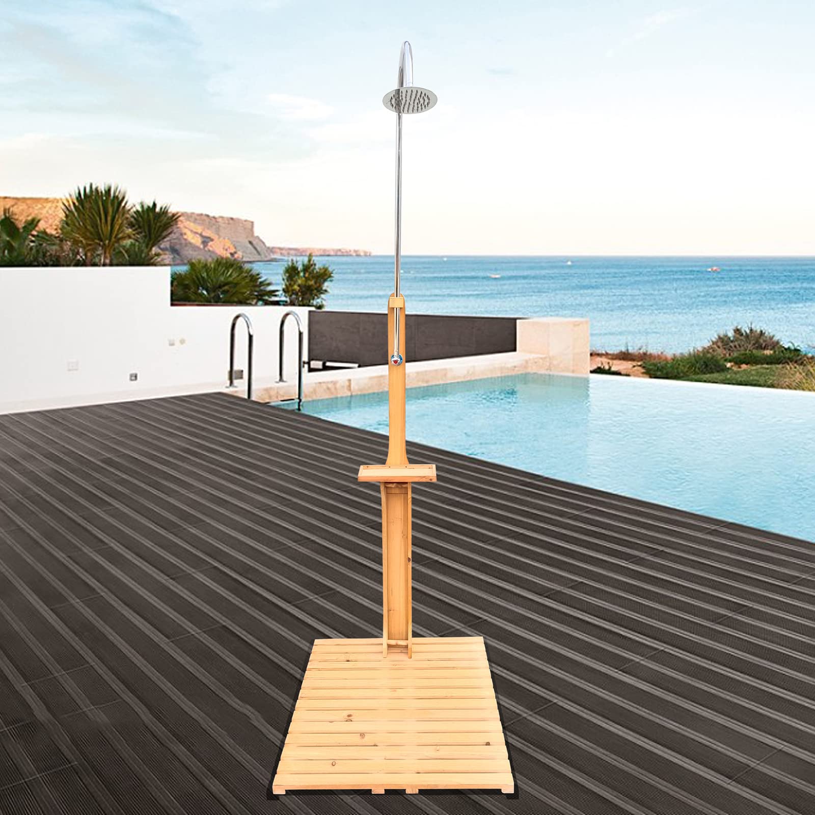 Premium Solid Fir Wood Outdoor Shower - Adjustable Water Pressure Portable Garden Shower with Storage Tray | Perfect for Swimming Pool, Camping, Patio & Terrace Use | Durable Teak Construction with Chassis Board