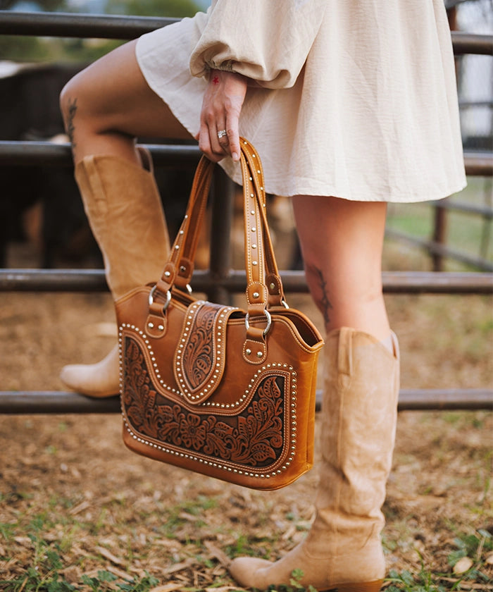 Montana West Studded Leather Concealed Carry Handbag for Women - Stylish CCW Purse with Hidden Gun Pocket - Perfect for Everyday Use, Travel & Self-Defense