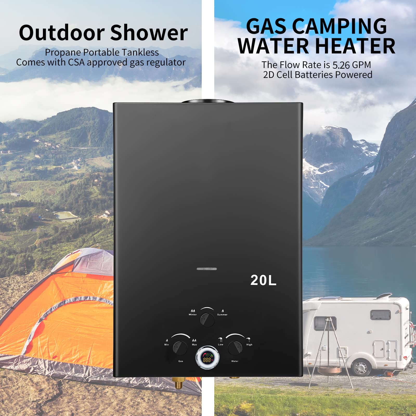 5.26GPM 20L Outdoor Portable Tankless Propane Water Heater with Digital Display - Instant Hot Water for Camping, RV, Boat Cabins & Off-Grid Living - Multi-Protection System for Safe Use