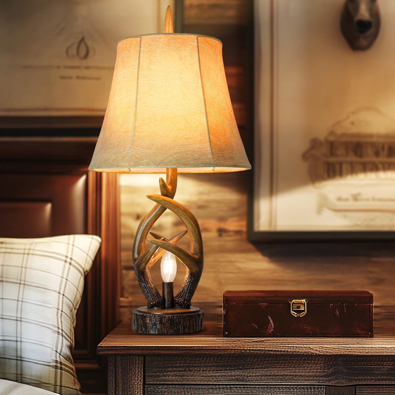 Rustic Farmhouse Antlers Nightstand Lamp Set of 2 - Brown Leather Shade with Dual USB Ports & Nightlight - Bedside Table Lamps for Living Room, Bedroom, Office, Hotel Decor | Perfect for Cozy Reading Nooks and Warm Ambient Lighting