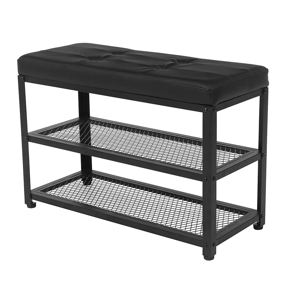 3-Tier Shoe Rack with Cushioned Seat - Entryway Shoe Organizer for Hallway & Mudroom - Black Storage Bench for Shoes, Boots & Home Décor (Perfect for Small Spaces & Apartment Living)