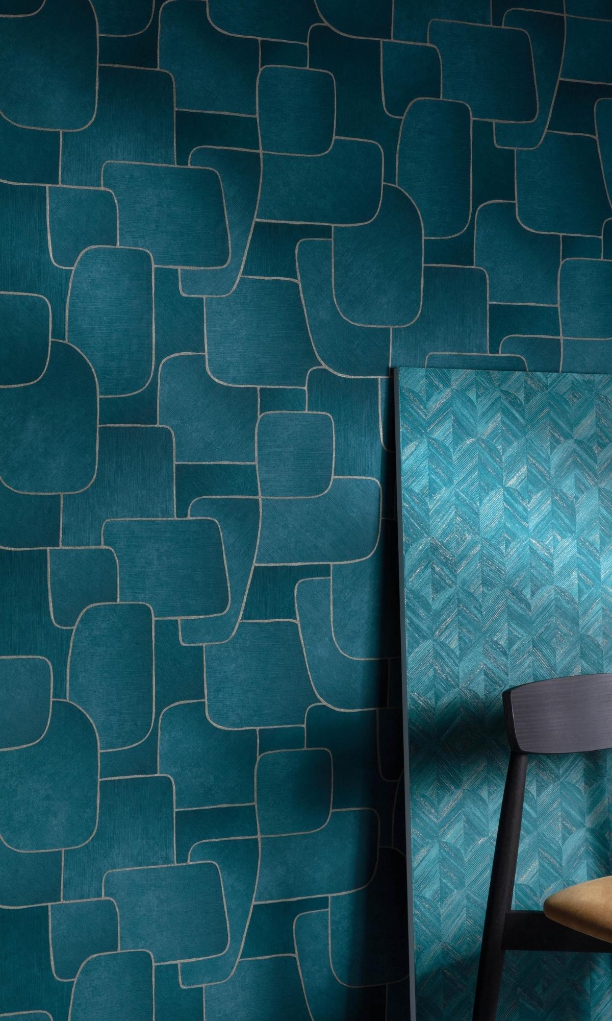 Blue Bold Abstract Geometric Stripes Metallic Wallpaper R7732 - Modern Peel & Stick Wallpaper for Living Room, Bedroom, Office Decor