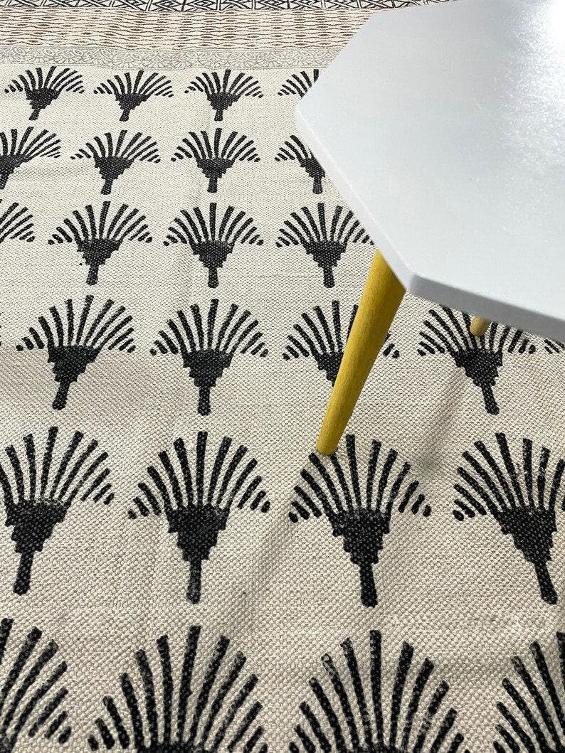 Handmade Block Print Cotton Flatweave Area Rug - Boho Chic 4'x6' Black & Cream - Perfect for Living Room, Bedroom, or Boho Home Decor