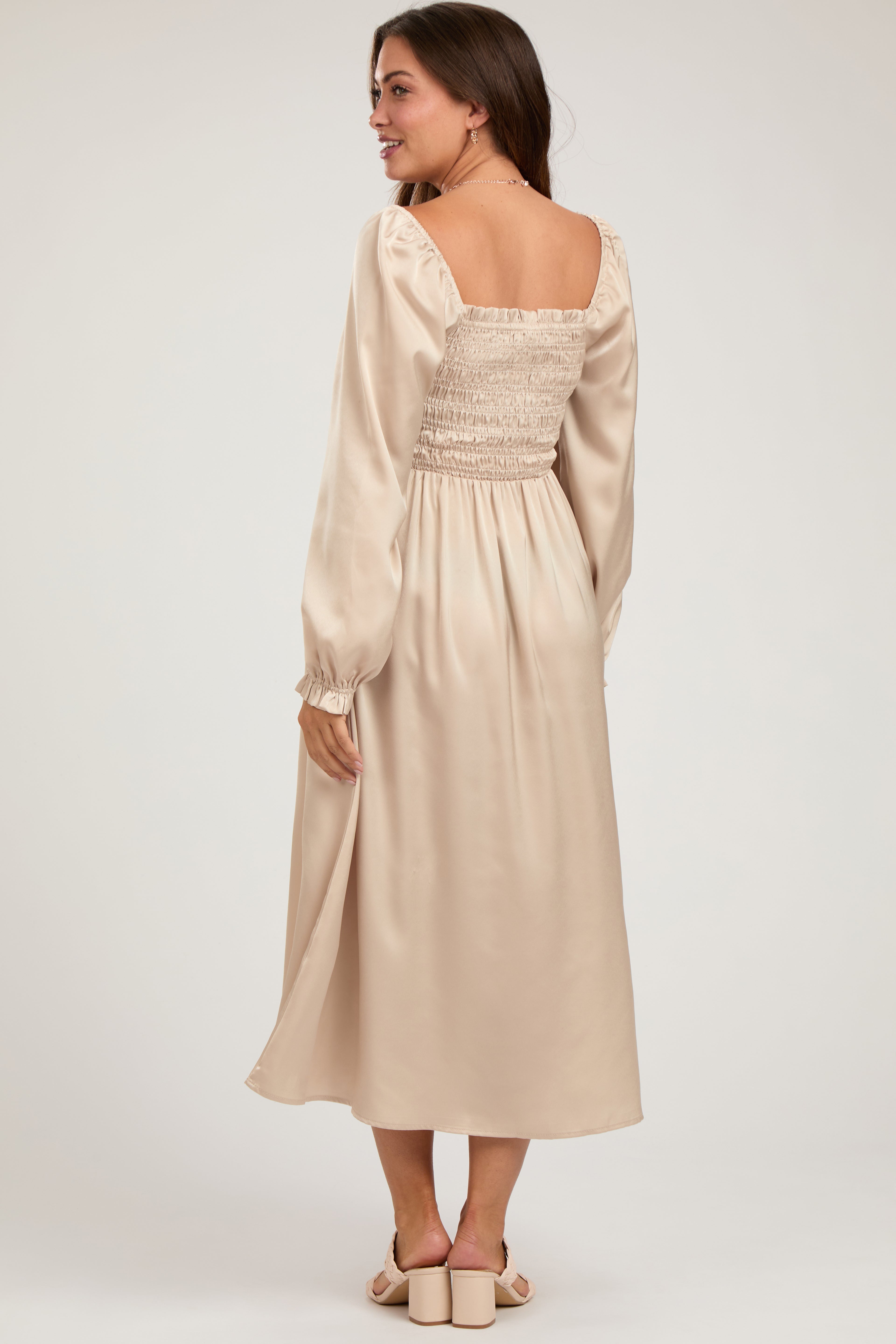 Beige Smocked Square Neck Satin Maternity Midi Dress for Pregnancy Photos, Baby Showers & Special Occasions