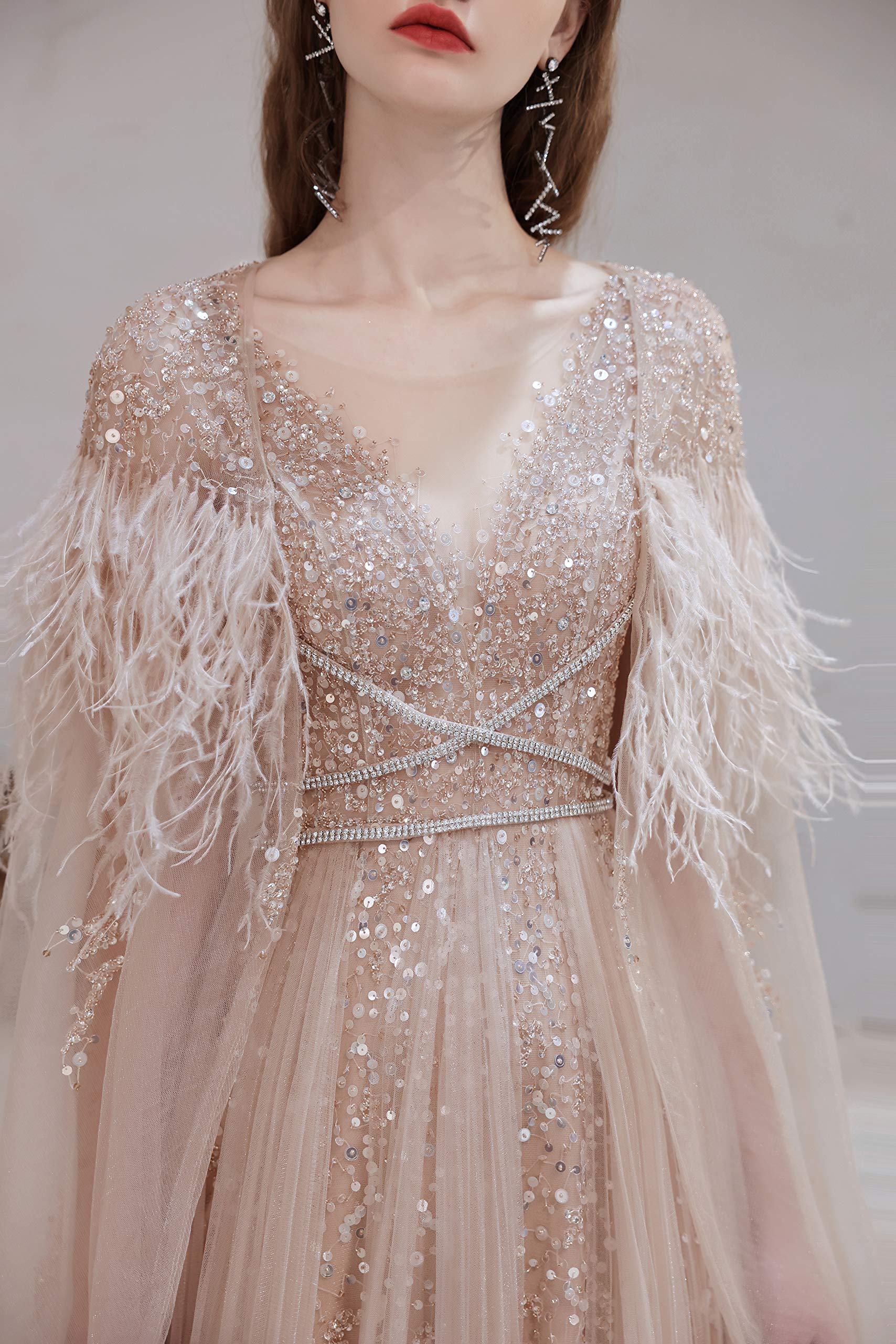 Elegant Women's V-Neck Beaded Sequins Tulle Evening Gown with Detachable Shawl - Perfect for Prom, Wedding Guest, Cocktail Party & Formal Occasions