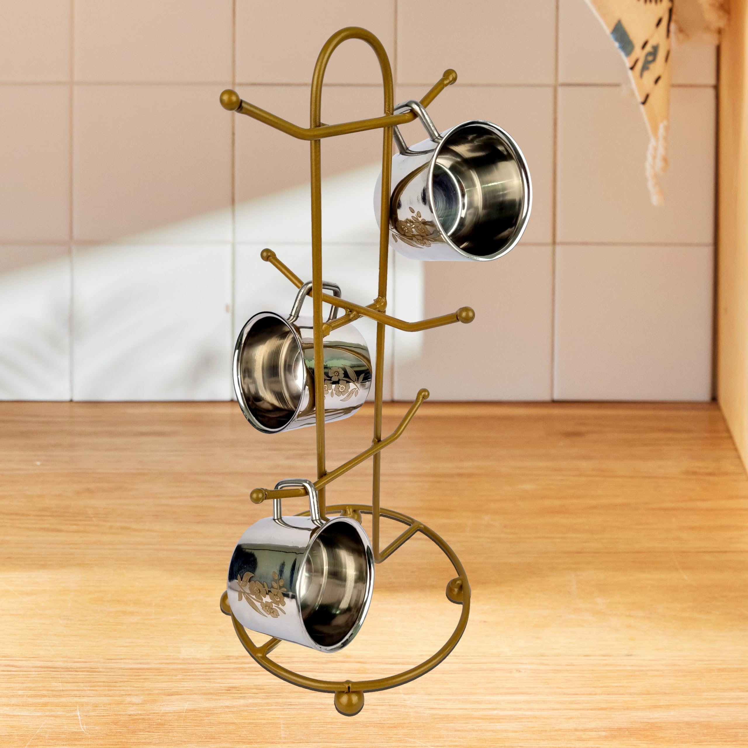 Kuber Industries 6-Cup Stand Hanger for Kitchen - Gold Coffee & Tea Mug Holder, Dining Table Organizer | Perfect for Kitchen Countertops, Coffee Bars & Home Decor