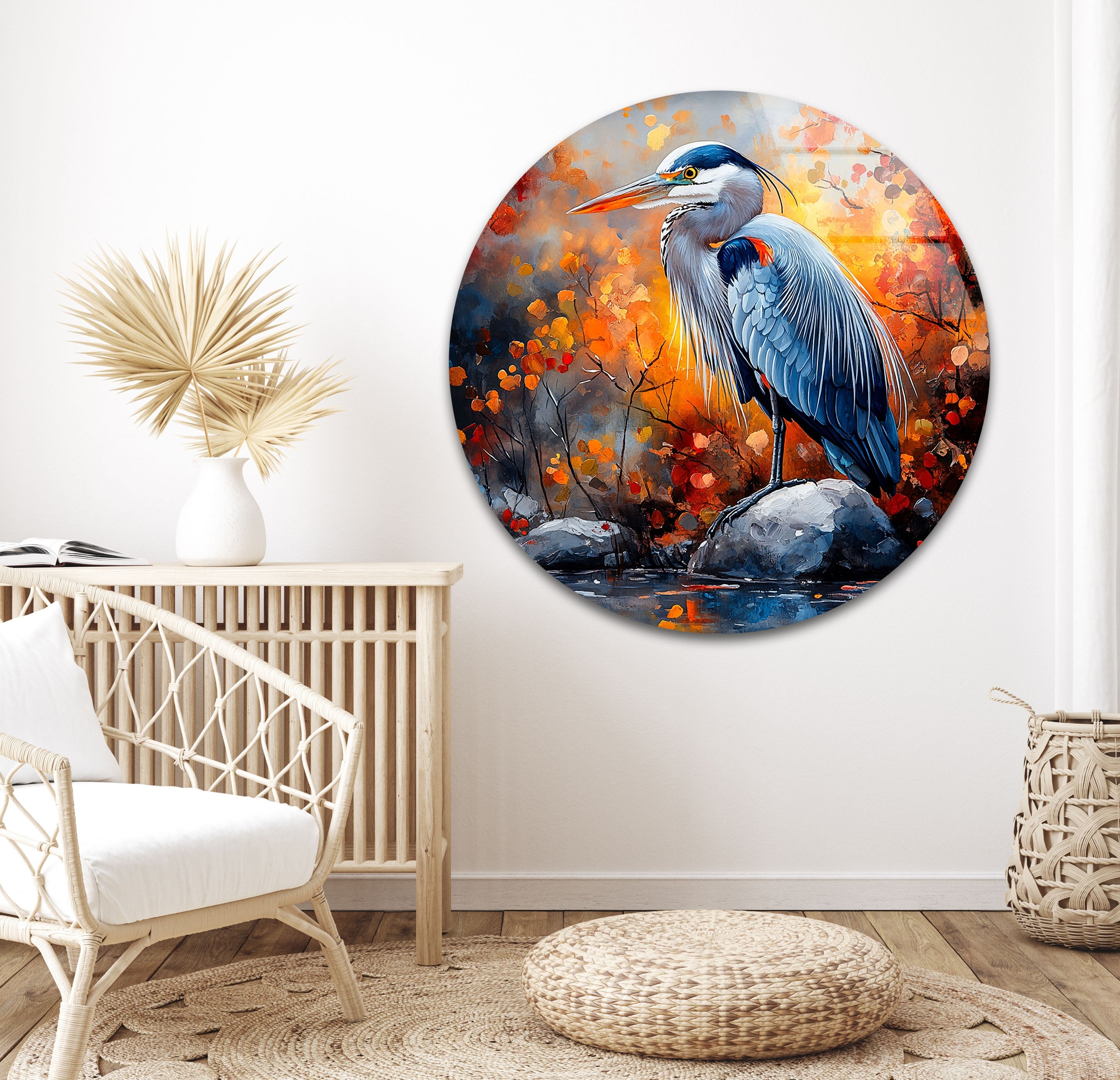 Autumn Majesty - Heron in Fiery Foliage Glass Wall Art Decor | Stunning Nature-Themed Home & Office Decoration | Perfect for Living Room, Bedroom or Gift