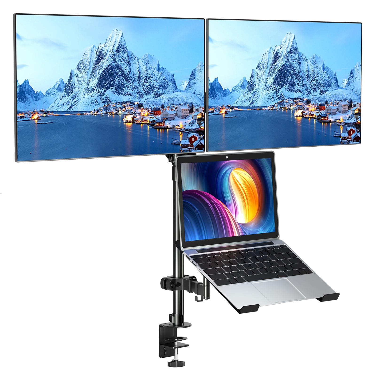 PUTORSEN Dual Monitor and Laptop Stand - Adjustable 3-in-1 Desk Mount for Two 17-32 Inch Screens & 17