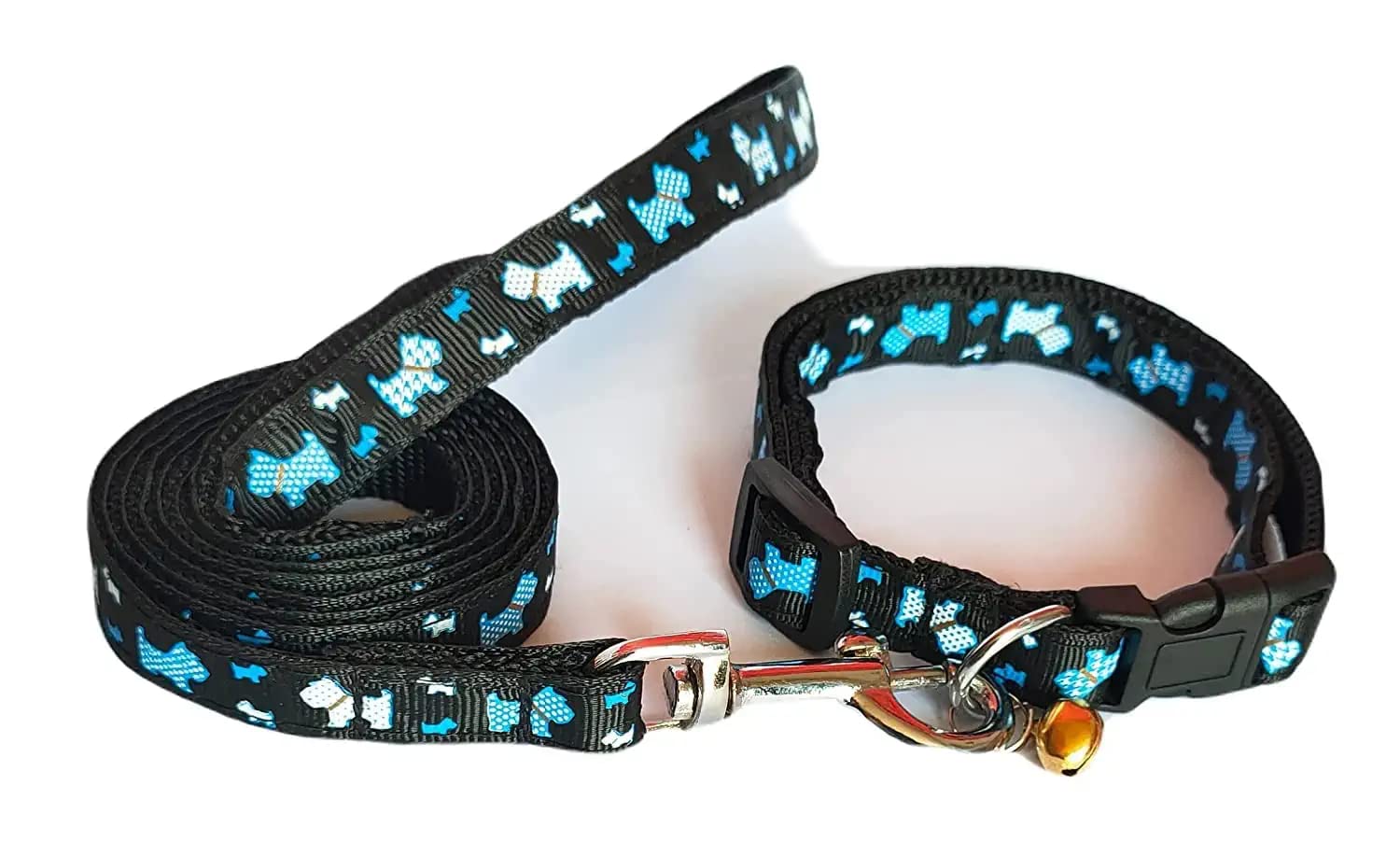 Premium Adjustable Nylon Dog Collar and Leash Set for Small & Medium Dogs - 15mm Width, Comfortable & Durable Puppy Printed Design (Black) - Perfect for Daily Walks, Training & Outdoor Adventures