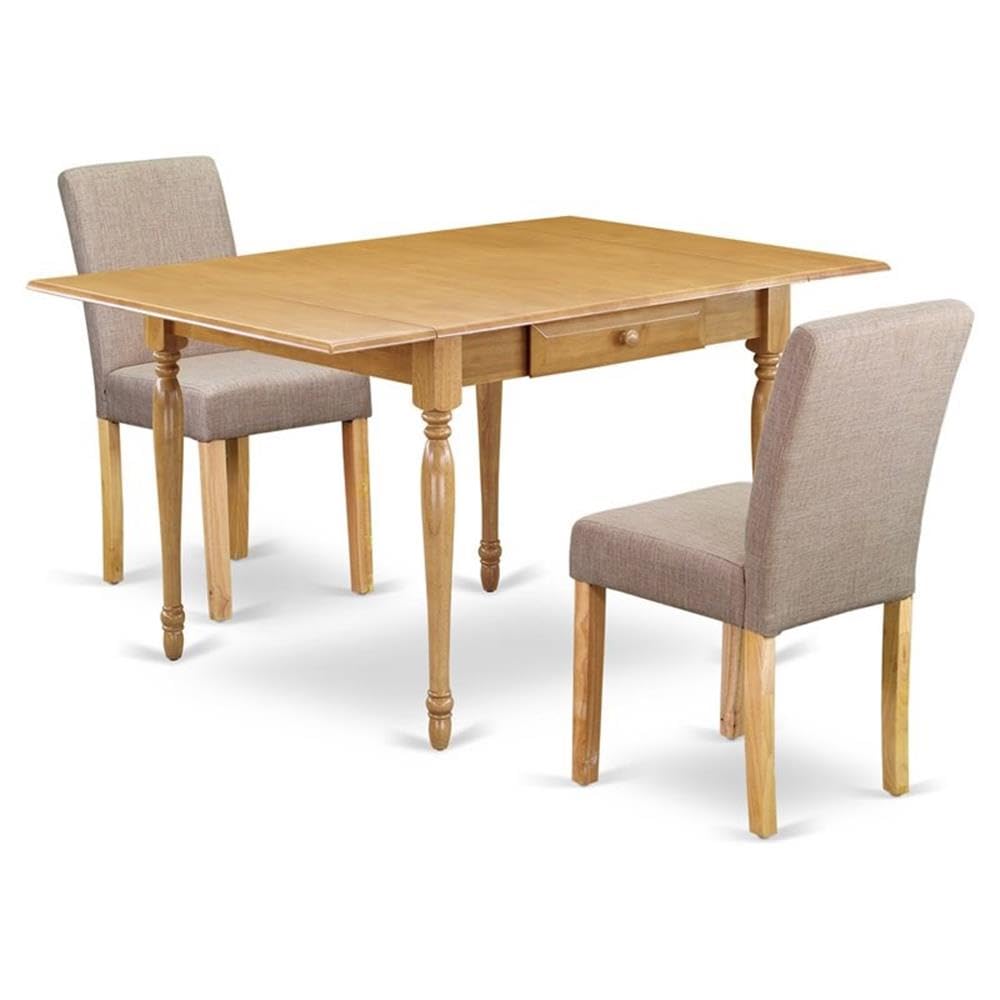 East West Furniture 3 Piece Oak Dining Table Set with Drop Leaf Kitchen Table & 2 Light Tan Linen Upholstered Chairs, 36x54 Inch - Perfect for Small Spaces, Breakfast Nooks & Cozy Kitchen Dining
