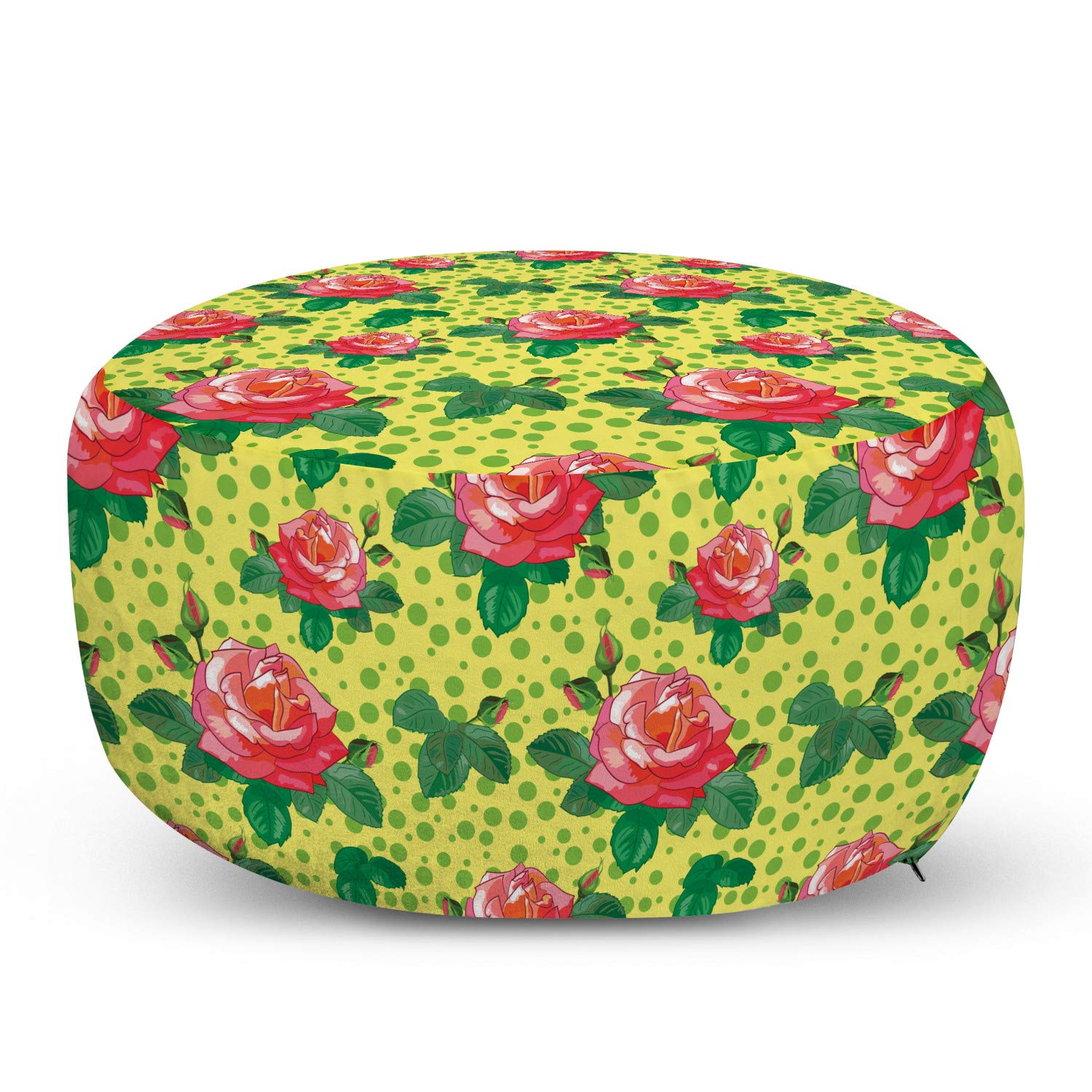 Ambesonne Rose Ottoman Pouf - Vintage Floral Footrest with Removable Cover, Soft Polka Dot Design in Forest Green & Dark Coral - Perfect for Living Room, Bedroom, or Nursery Decor
