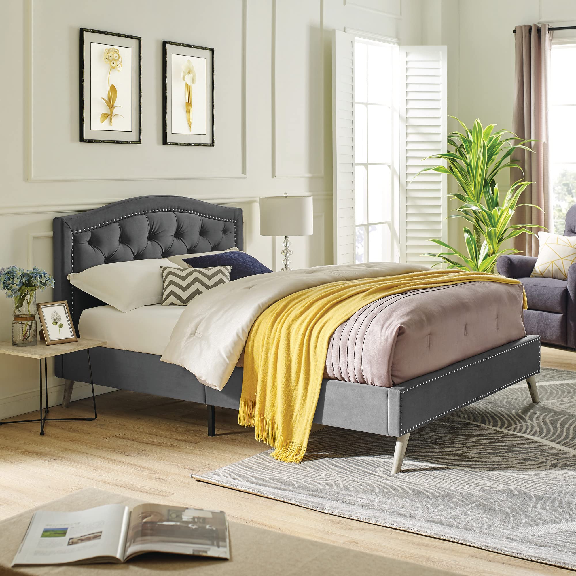 Classic Grey Full Platform Bed with Headboard for Modern Bedrooms