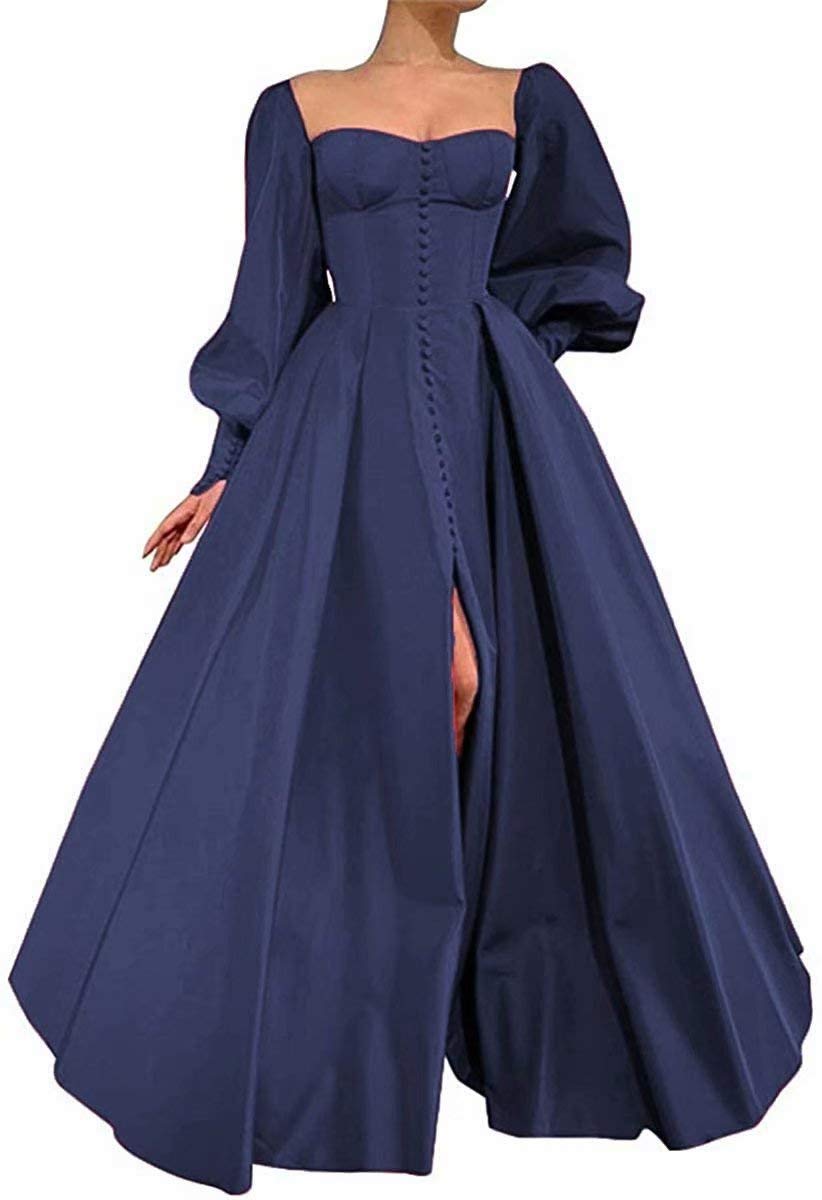 Elegant CCBubble Women's Long Puffy Sleeve Prom Dress with High Slit - Satin Formal Evening Gown for Ball, Homecoming & Special Occasions