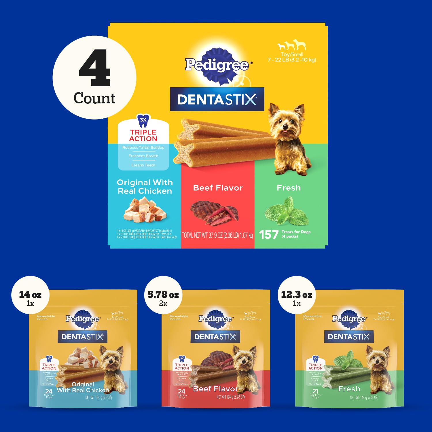 Pedigree Dentastix Toy & Small Breed Dog Treats - Original Beef Flavor & Fresh Variety Pack, 2.36 lb (157 Chews) - Dental Care for Small Dogs, Daily Oral Hygiene & Teeth Cleaning Treats