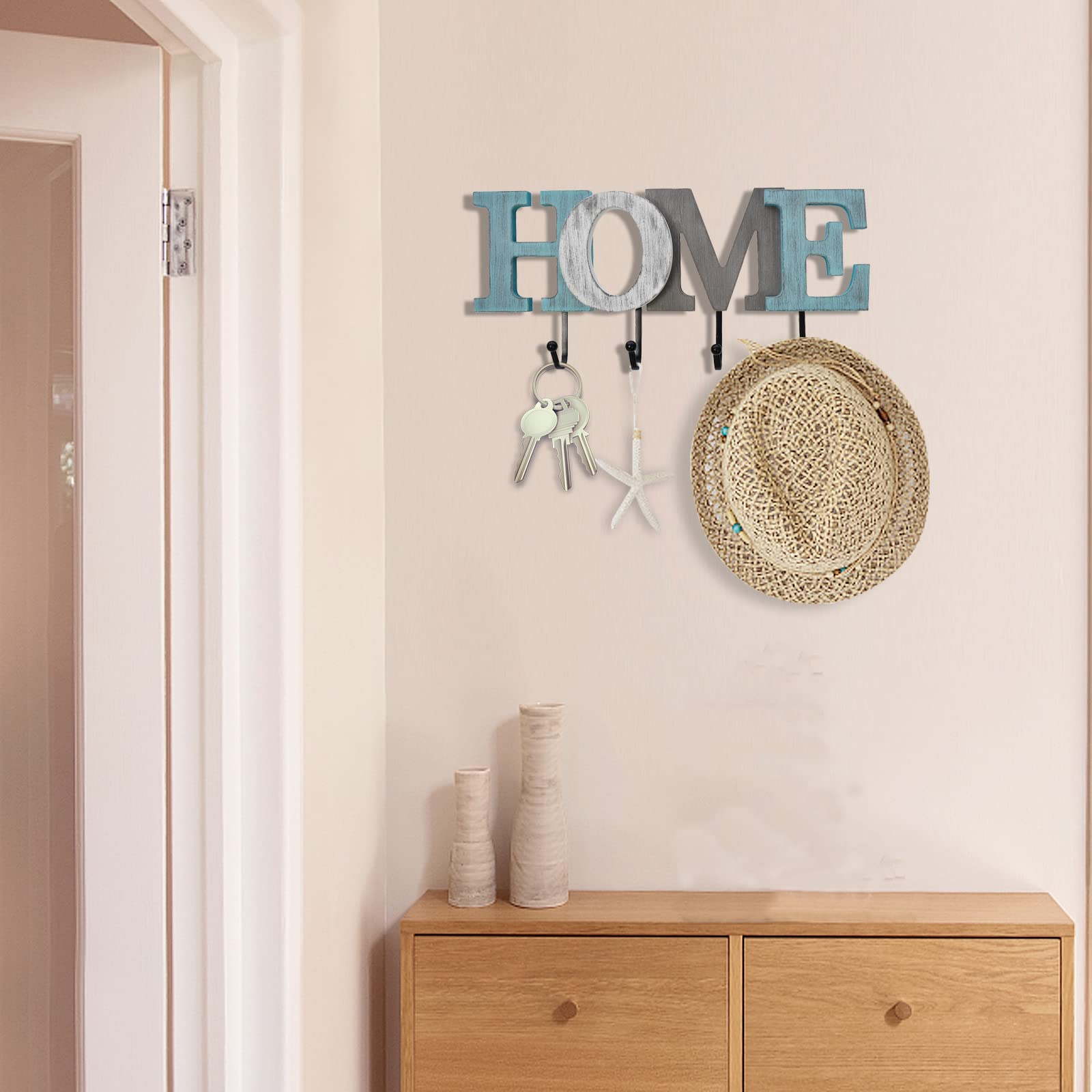 Rustic Teal Wooden Home Sign with Hooks - Farmhouse Wall Decor for Keys, Towels & Coats - Perfect for Entryway, Kitchen or Bathroom Organization