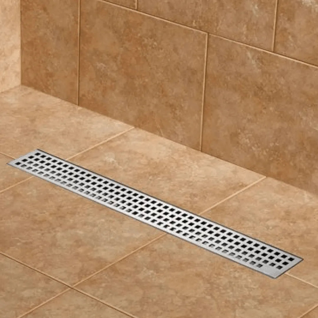 Stainless Steel Linear Shower Drain Square Grid 2 Inch 24 x 3 x 3 1/8 Inches - Modern Bathroom Floor Drain for Wet Room, Walk-In Shower & Luxury Spa Design
