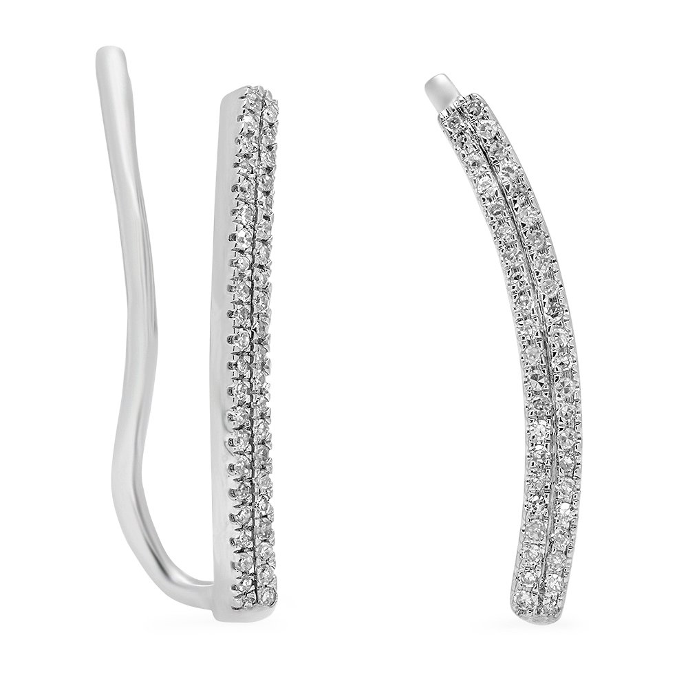 14K White Gold Double Row Diamond Crawler Earrings for Women - 0.1ct Round Cut White Diamonds, Solid Gold Climber Earrings | Perfect for Weddings, Parties & Special Occasions