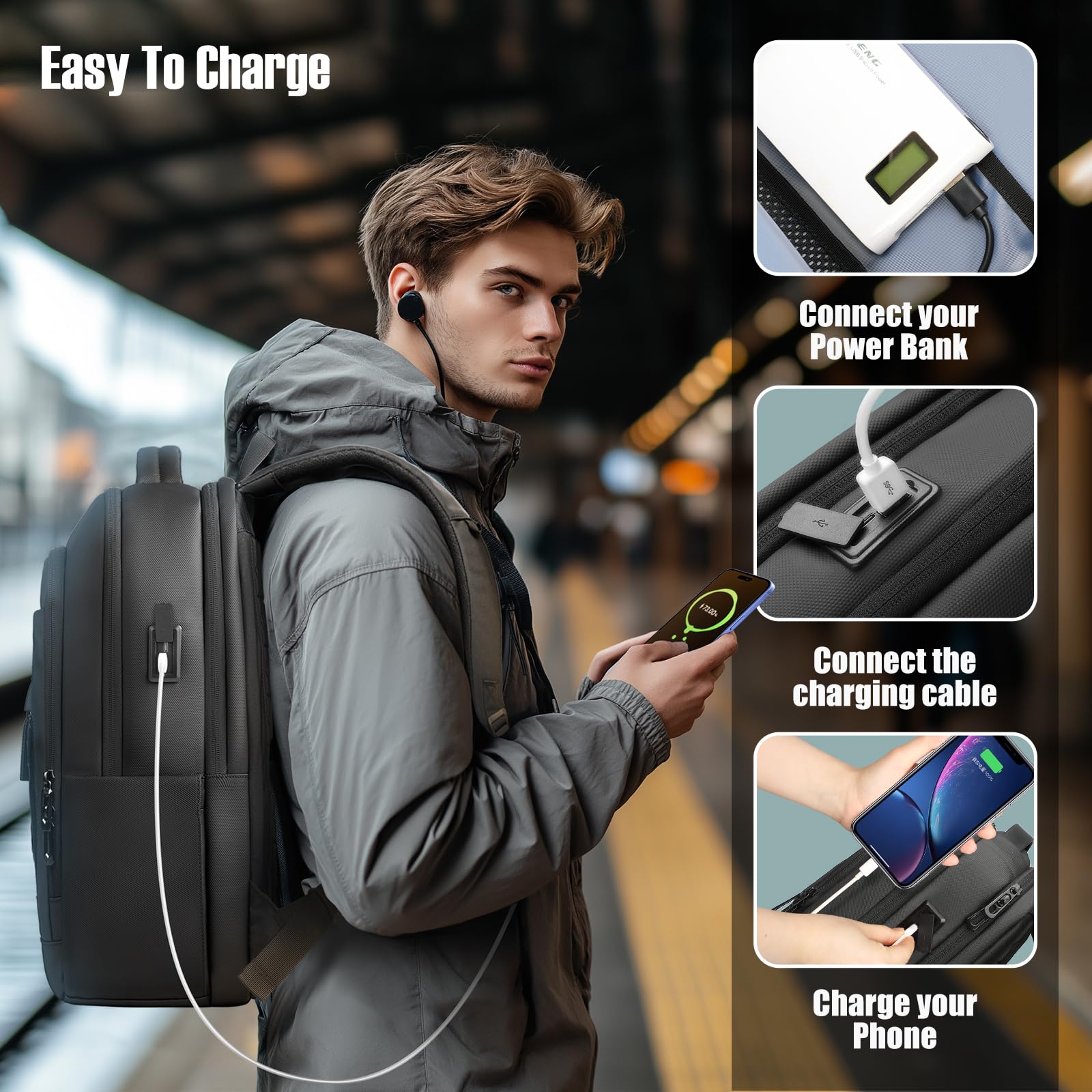 Men's 16 Inch Laptop Backpack with USB Charging Port, Water Resistant Business Travel Backpack for Work, College, and Weekender Trips - Black