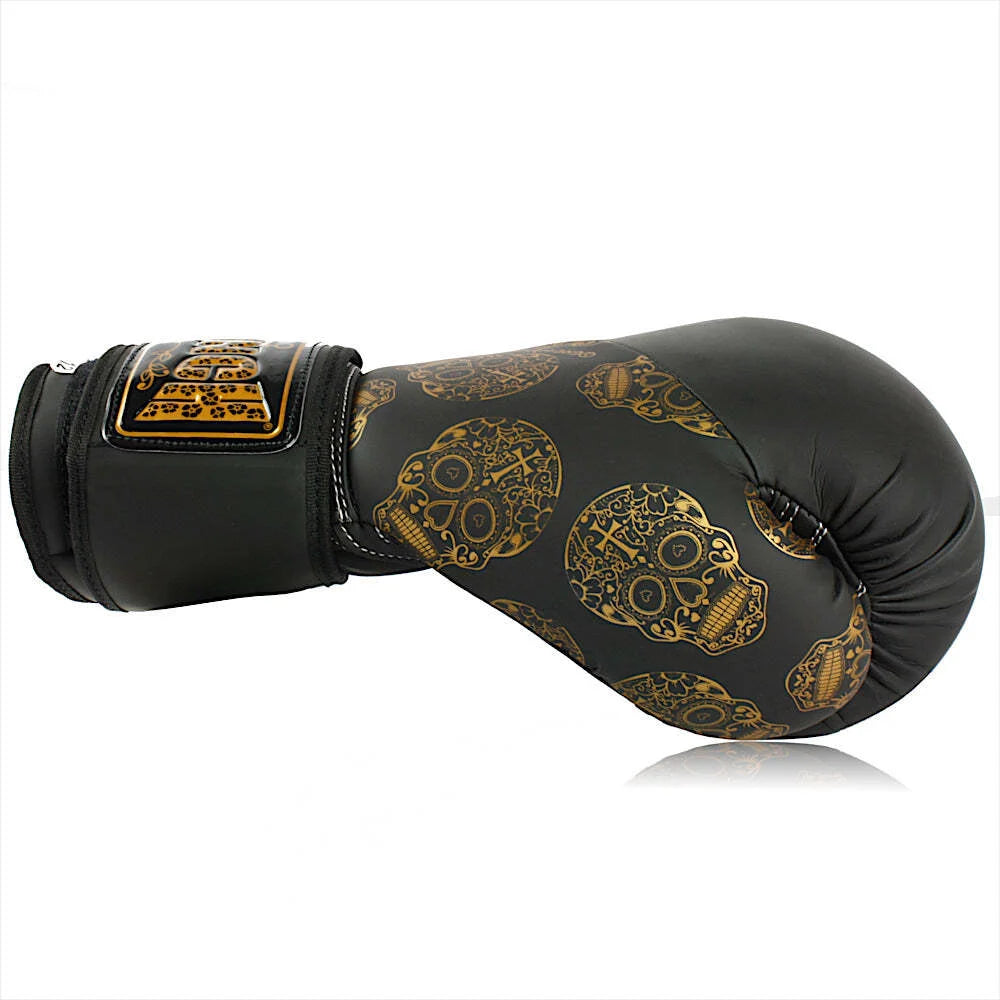 Premium 12oz Black Boxing Gloves with Urban Gold Skulls Design - Perfect for Training, Sparring, and Fitness Workouts
