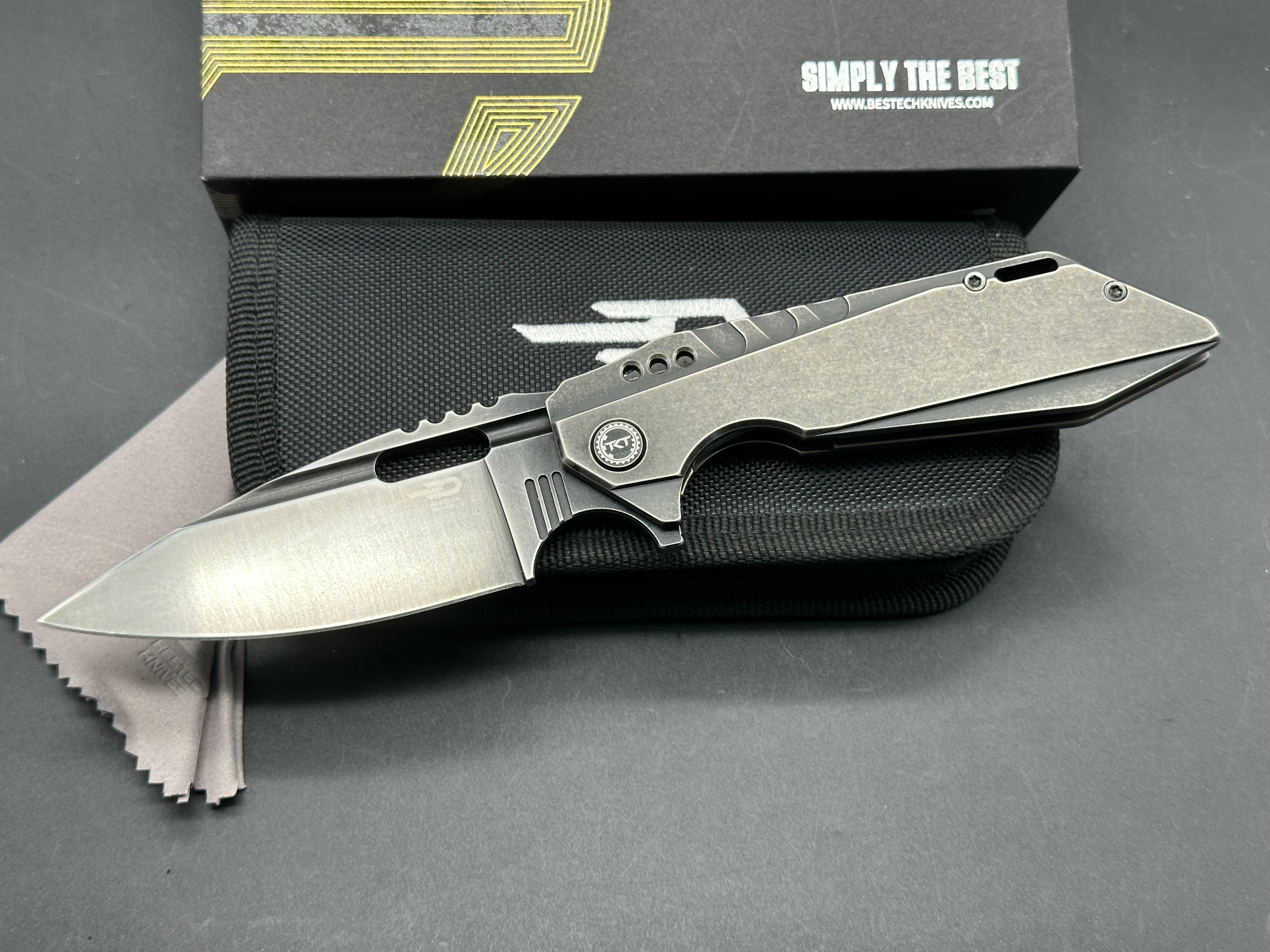 Bestech & TKT Shodan Folding Knife - Antique Dark Bronze Stonewash Titanium Handle - EDC Pocket Knife for Outdoor Camping, Hiking & Everyday Carry