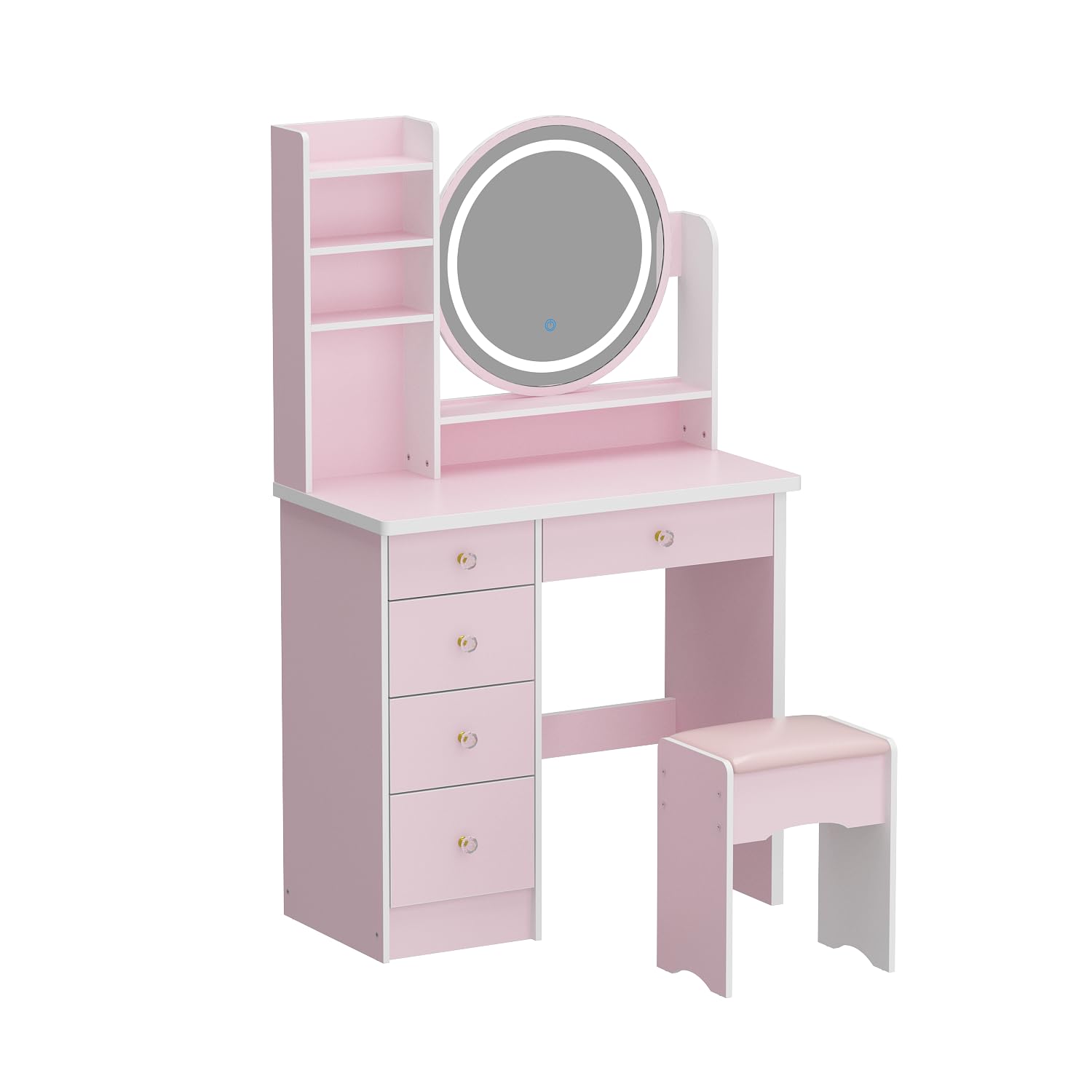 ECACAD Vanity Desk Set with LED Lighted Round Mirror, 5-Drawer Makeup Dressing Table with Storage Shelves & Cushioned Stool - Pink Bedroom Furniture for Women & Girls | Perfect for Makeup Organization, Dressing Room & Small Space Decor