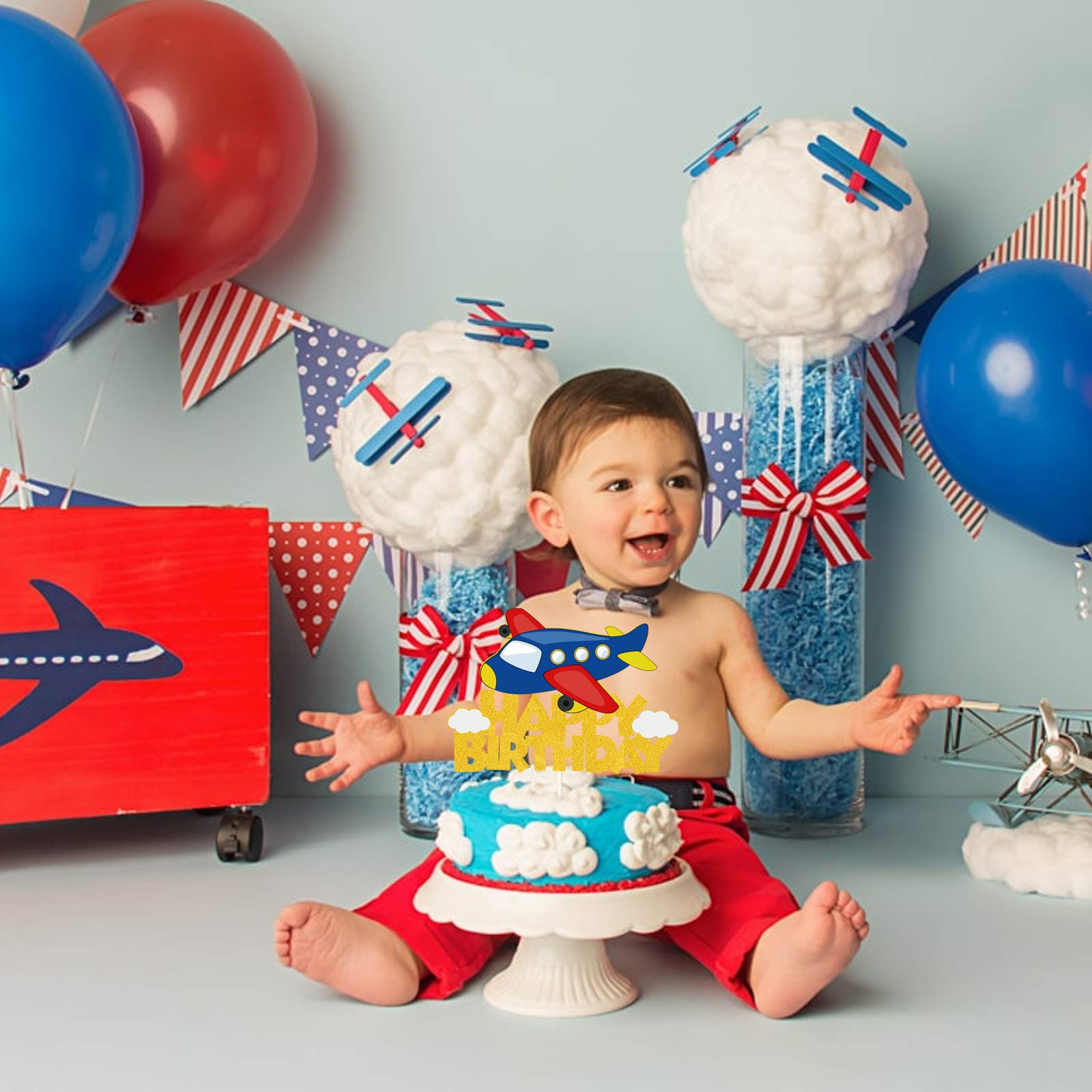 Airplane Happy Birthday Cake Topper - Travel Themed Party Decorations for Kids Birthday & Baby Shower | Perfect for Aviation-Themed Celebrations, Airplane Lovers & Travel Enthusiasts