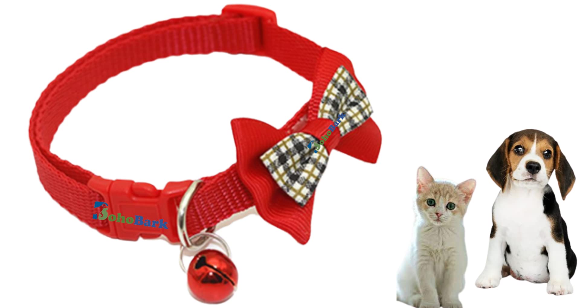 BohoBark Adjustable Cat & Dog Collar with Safety Buckle - Fashion Checkered Bow & Bell - Pack of 1 (Red) | Perfect for Small Pets, Daily Walks & Stylish Pet Accessories