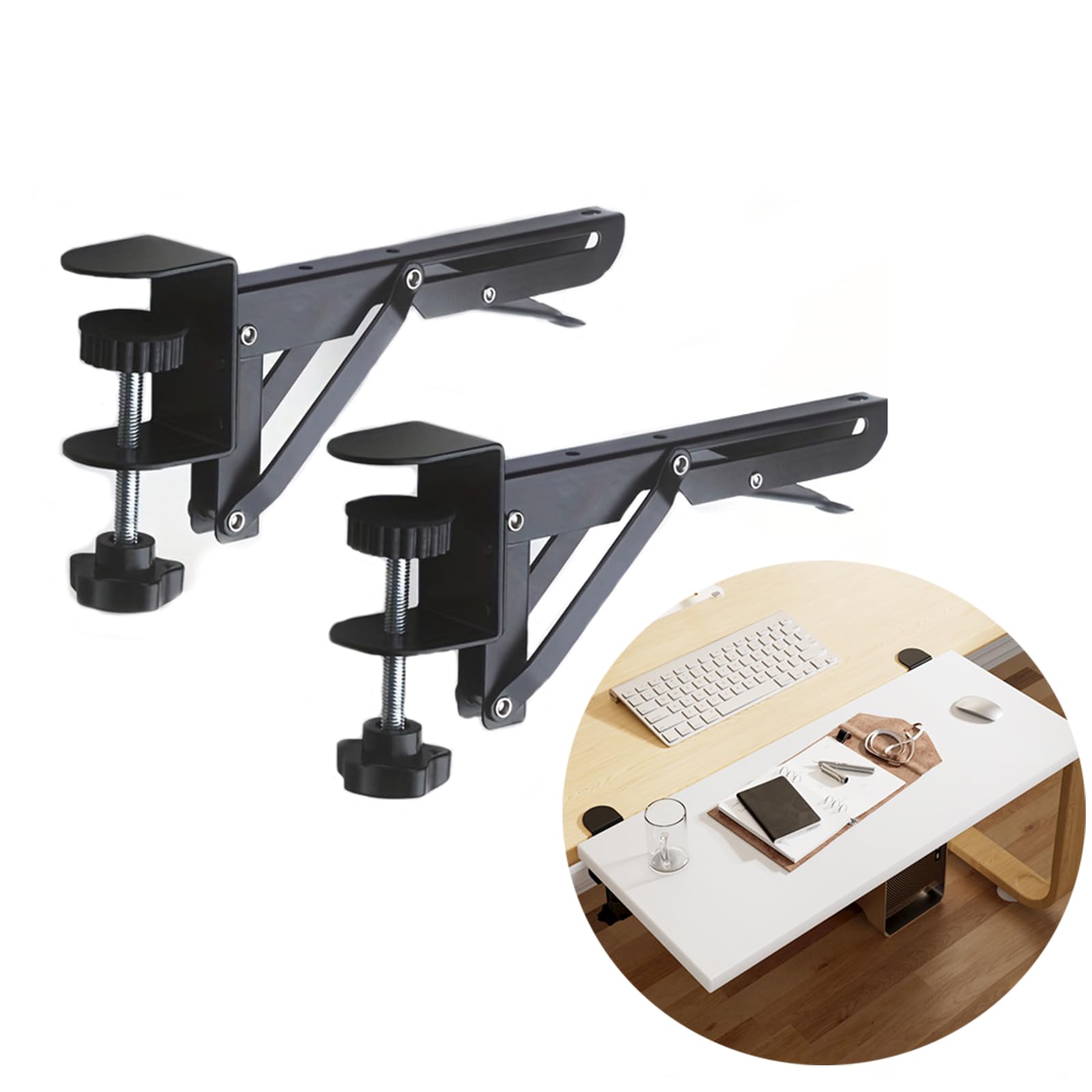 Adjustable Under Desk Keyboard Tray - Ergonomic Clamp-on Keyboard Holder with Extension Plate & Arm Rest | Space-Saving Desktop Organizer for Office, Gaming & Home Workspace (1 Set)