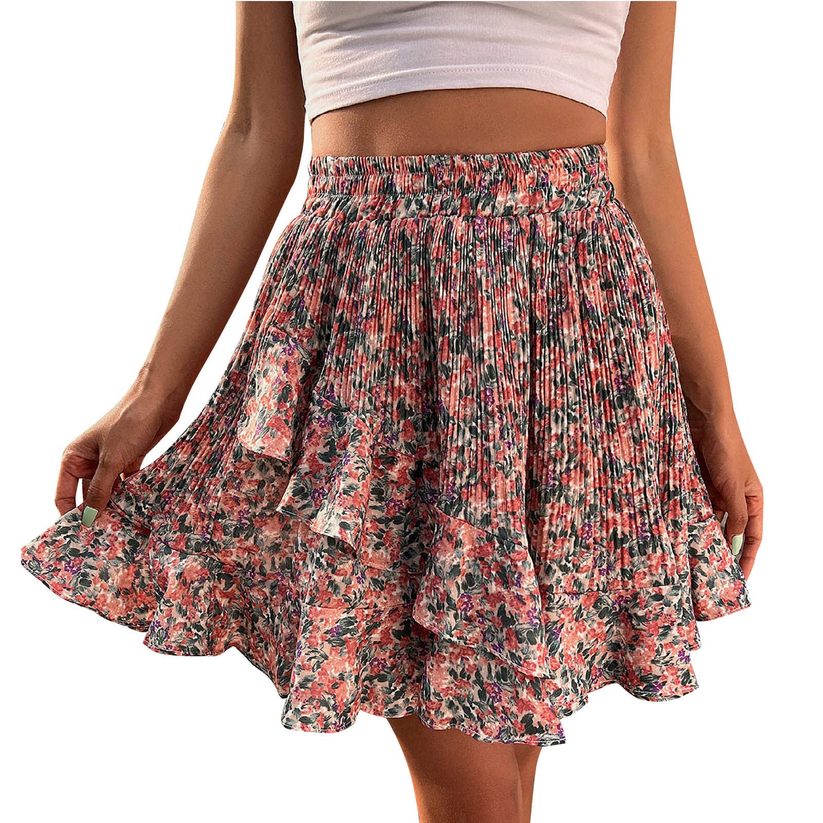 Women's Summer Floral Printed Empire Waist Ruffle Tiered Mini Skirt - A-Line Beach Skirt for Vacation, Date Night & Casual Outings