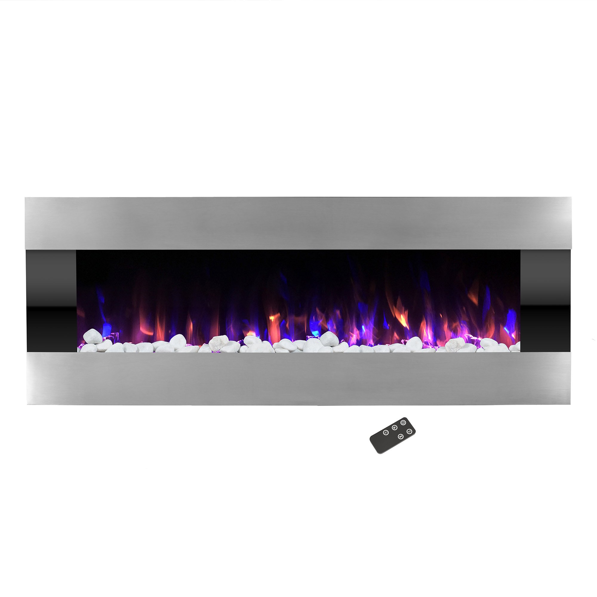 54 Inch Wall Mounted Electric Fireplace Heater - Adjustable LED Flame Colors, Remote Control, Timer & Thermostat - Perfect for Living Room, Bedroom & Office (Silver)