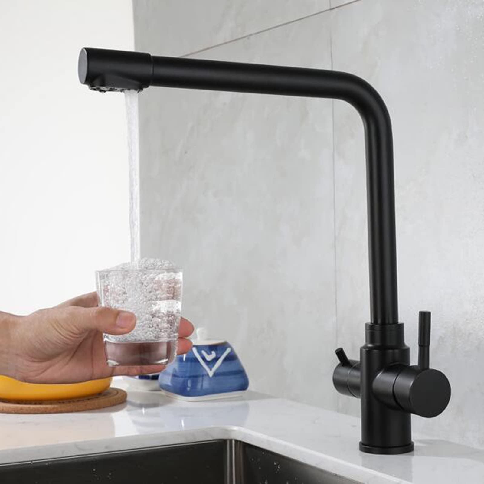3-Way Black Stainless Steel Kitchen Faucet with Hot & Cold Water Swivel Spout - Water Filter Faucet for Modern Sinks - Perfect for Cooking, Washing Dishes & Filling Pots
