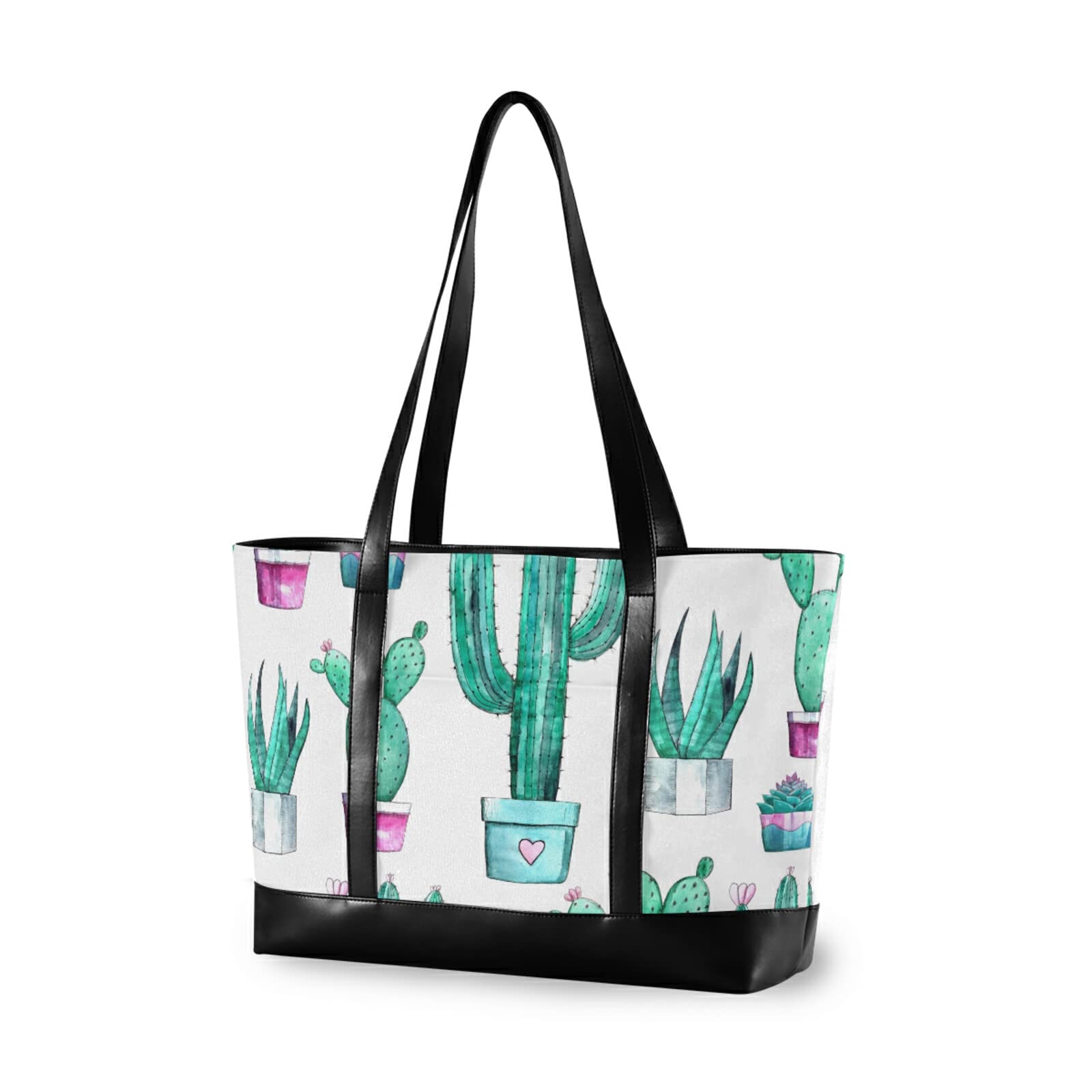 Stylish Women's Tote Bag - 15.6 Inch Laptop Organizer Shoulder Bag, Teacher Work Purse with Tropical Cactus Design | Perfect for Office, School, Travel & Summer Outings