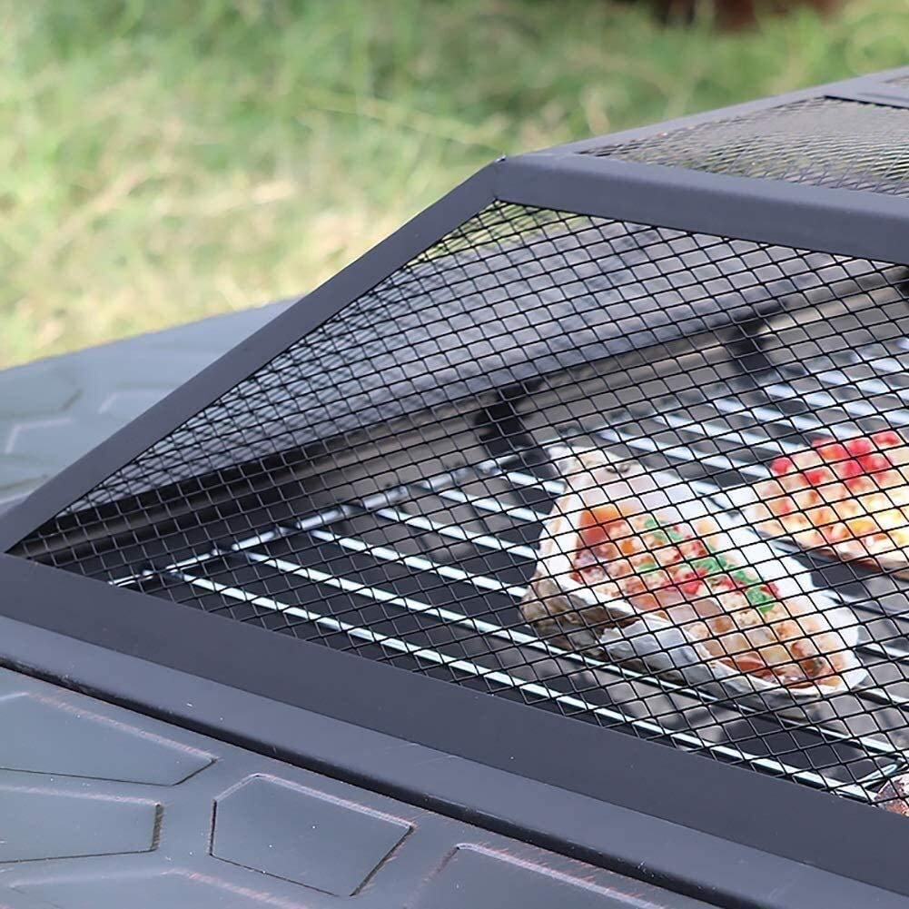 Square Metal Outdoor Fire Pit with Spark Screen Cover - Wood Burning BBQ Grill & Patio Stove for Backyard, Camping, and Garden Gatherings