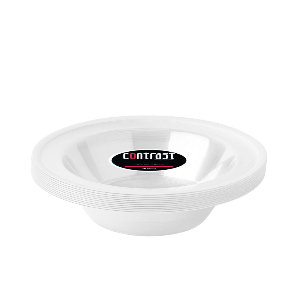 12 oz. Plastic Soup Bowls - 10 Pack Durable & Reusable Microwave Safe Disposable Bowls for Soup, Salad, Noodles, Cereal - Perfect for Parties, Picnics, Takeout & Meal Prep