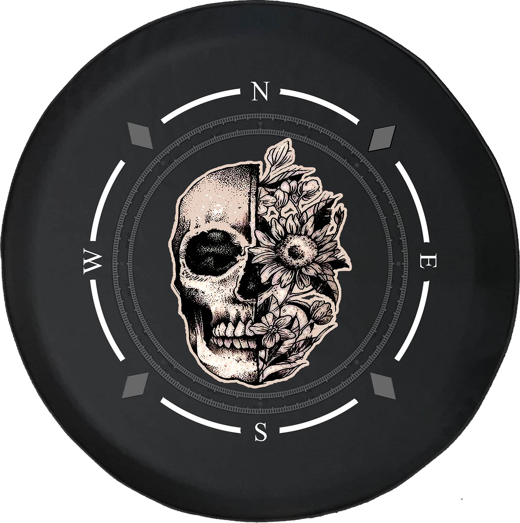 Vintage Flower Skull Spare Tire Cover with Compass Design - Universal Fit for SUV, Trailer, RV & Most Vehicles | Waterproof & UV-Resistant Wheel Accessory for Outdoor Adventures & Road Trips