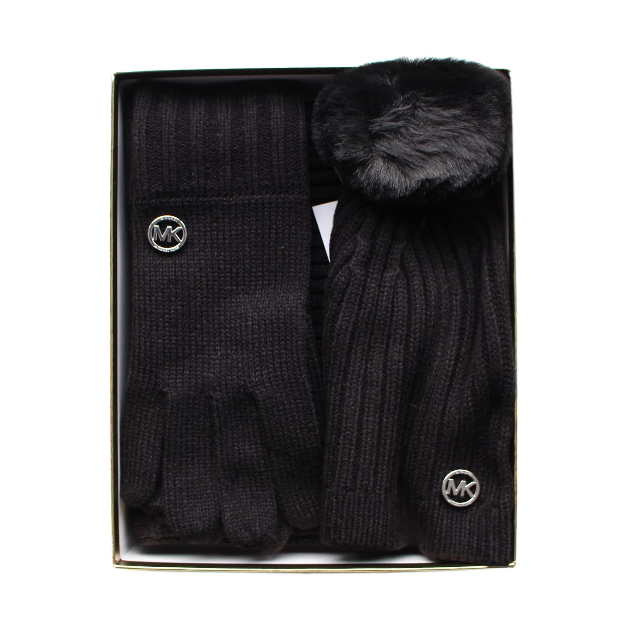 Michael Kors Women's Winter Accessories Set - Knitted Gloves, Scarf & Beanie Hat with Signature Logo, MK Gift Box (Black, One Size) - Perfect for Cold Weather, Holiday Gifts & Fashion Outfits