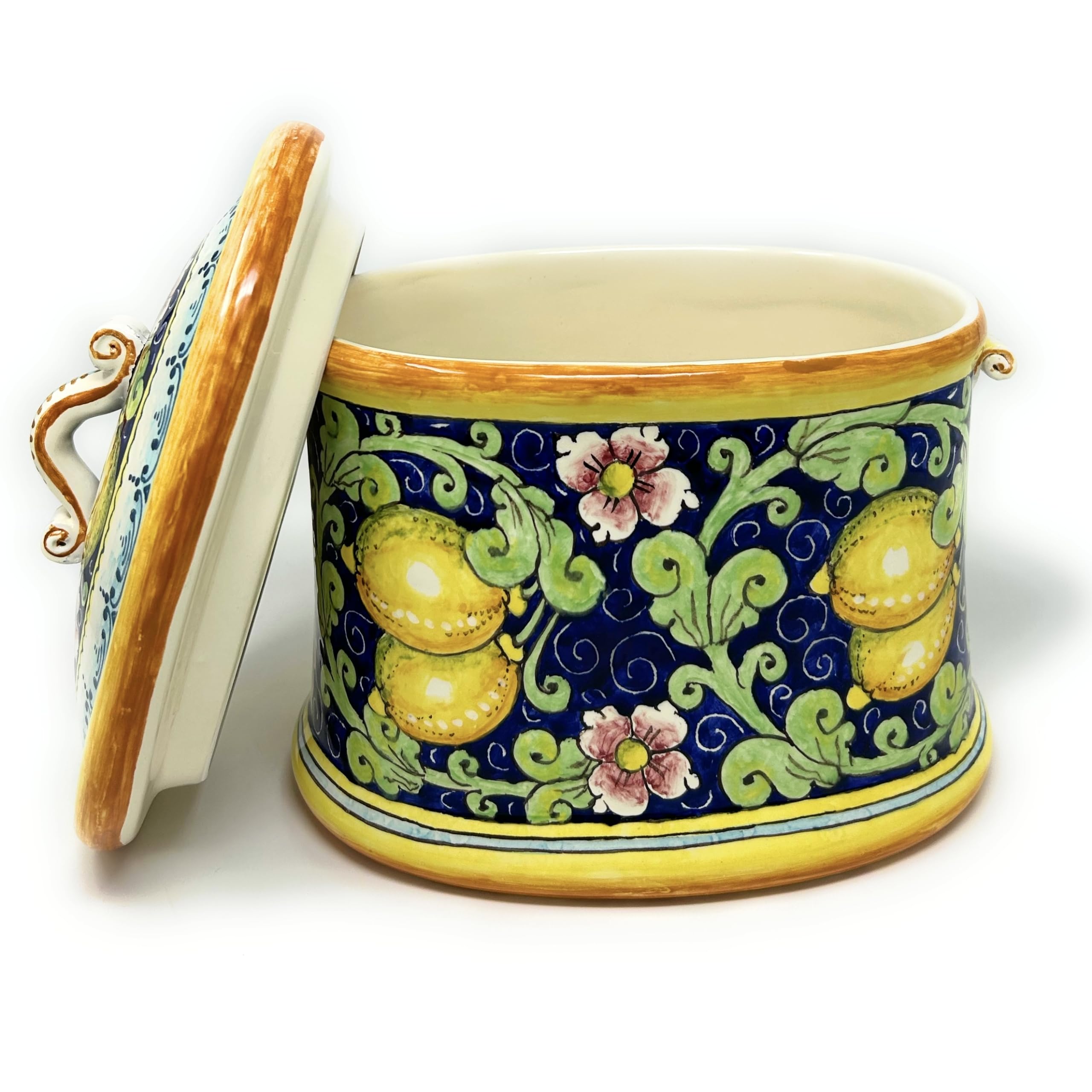 Italian Ceramic Biscuit Cookies Jar - Hand Painted Tuscan Lemon Decor - Artisanal Pottery Made in Italy | Perfect for Kitchen Storage & Tuscan Home Decor