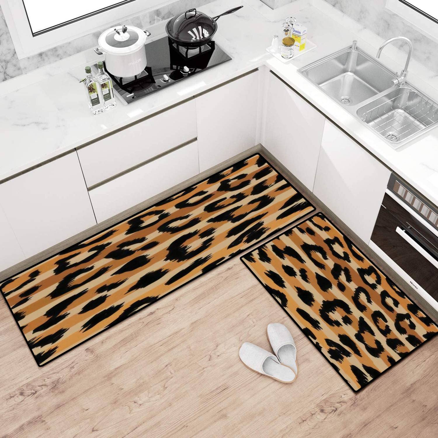 Leopard Stripes Non-Slip Kitchen Rugs Set - Washable Sand Color Floor Mat, Funny Leopard Print Runner for Kitchen, Bathroom & Entryway - Comfort Standing Mats for Home Decor & Safety