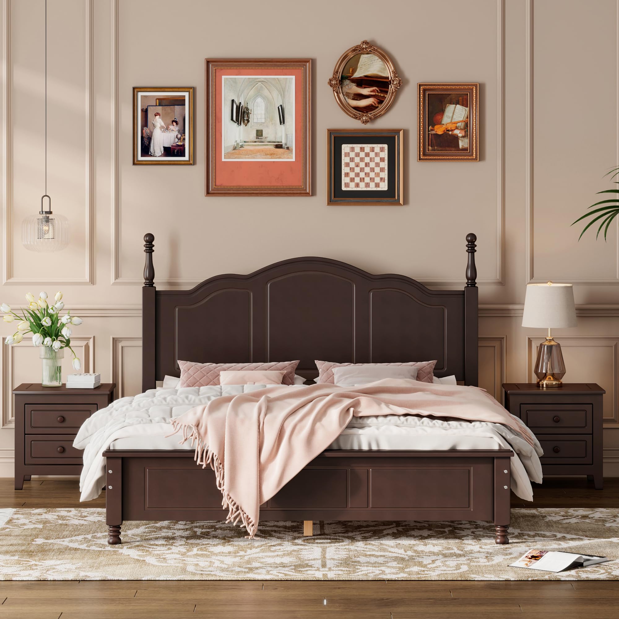 Merax Dark Walnut Modern Farmhouse Wood Queen Bed Frame Set with 2 Storage Nightstands - Easy Assembly Bedroom Furniture for Master Suite & Guest Room