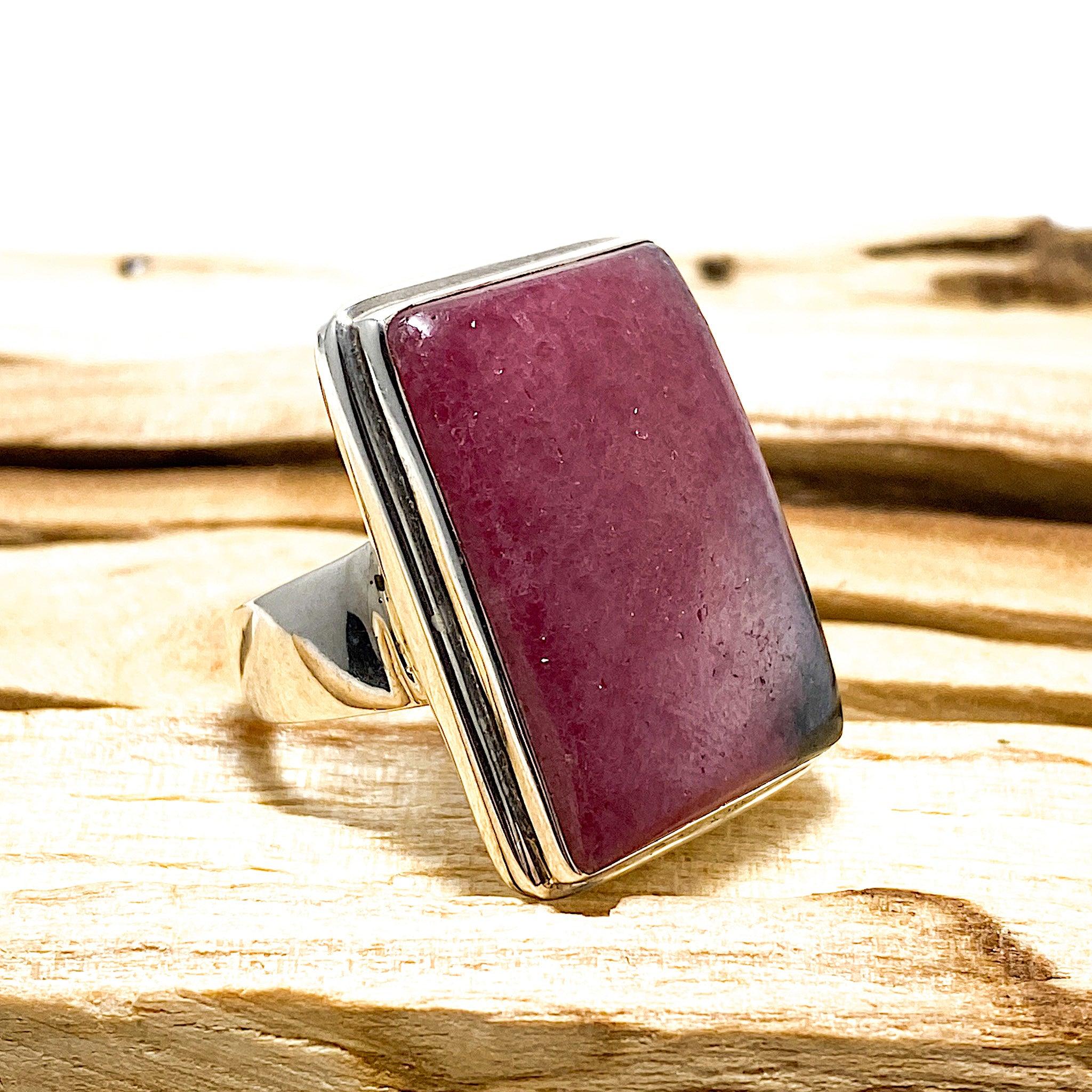 Rhodonite Rectangle Cabochon Ring - Size 10 - KRGJ1502 | Healing Stone Jewelry for Stress Relief & Emotional Balance