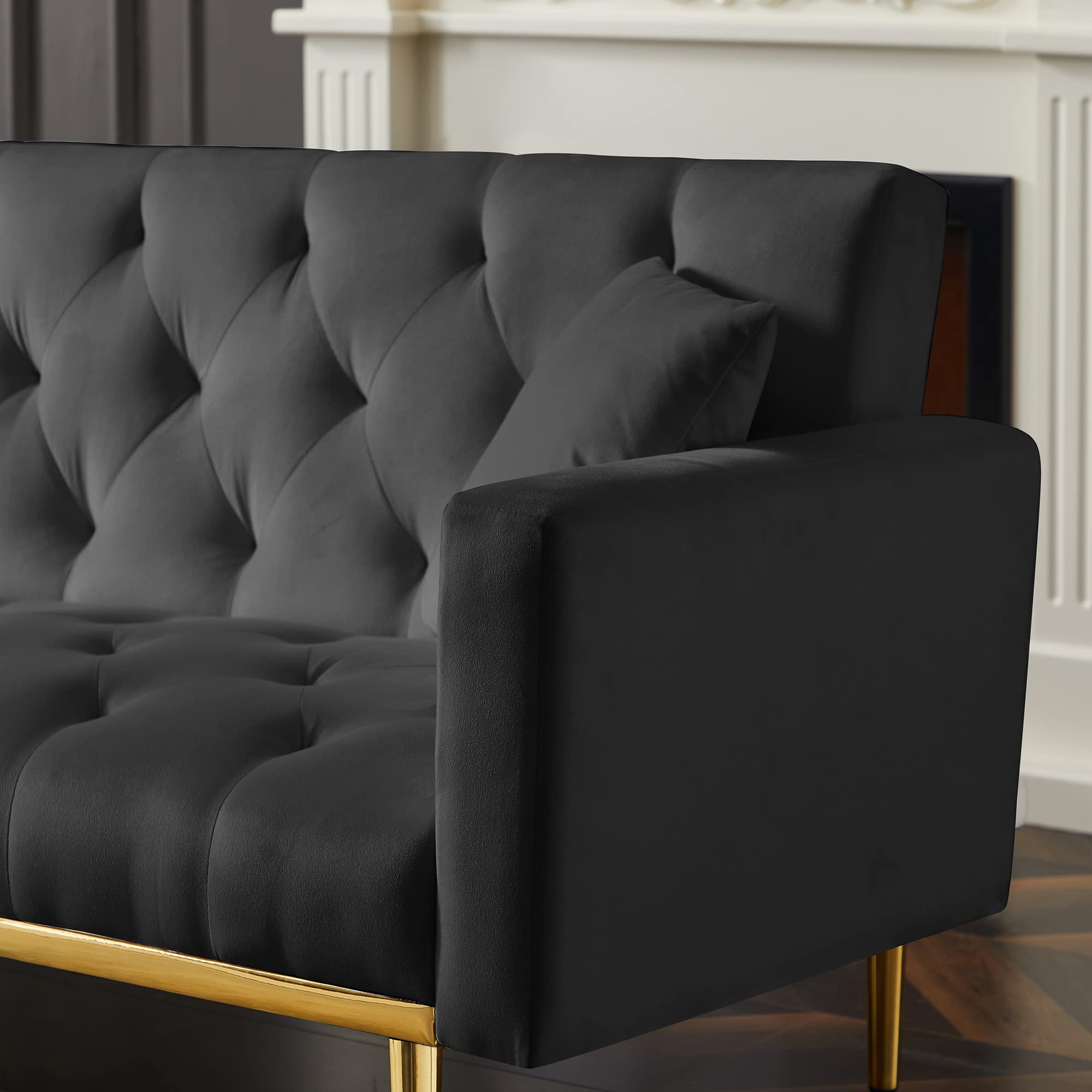 Modern Velvet Convertible Sleeper Sofa Bed with 2 Pillows - Adjustable Futon Loveseat with Gold Metal Legs for Living Room, Bedroom, Office - Perfect for Small Spaces & Guest Accommodations (Black)